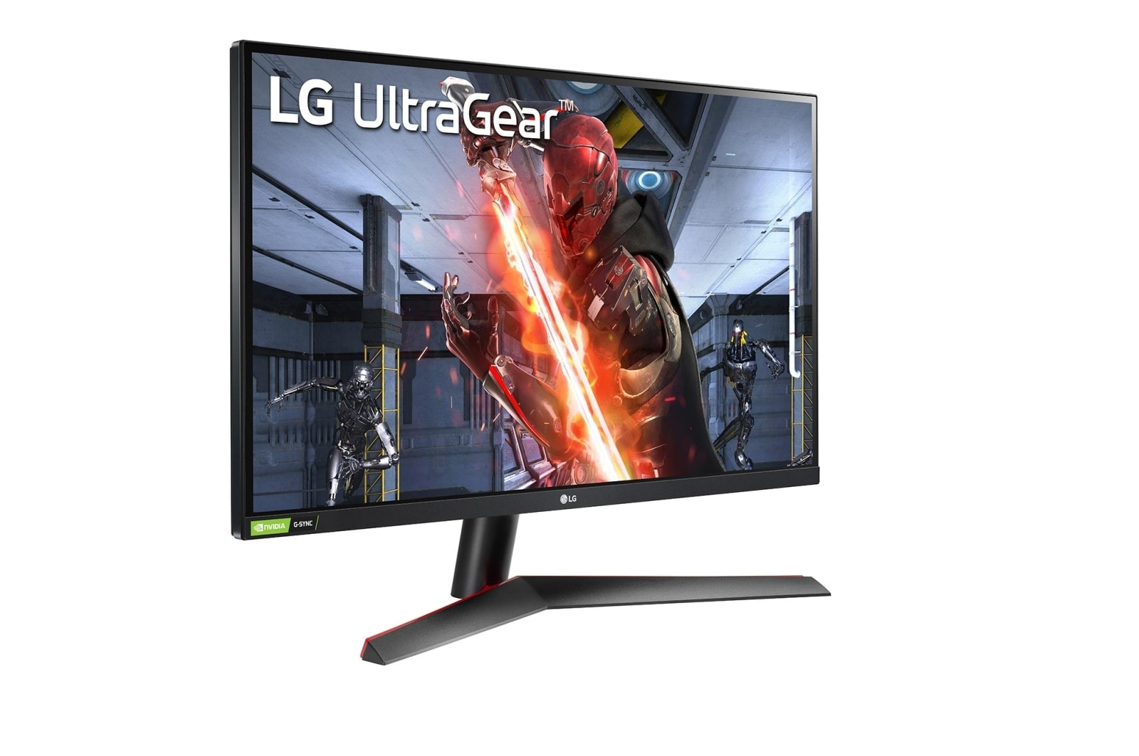Monitor LG UltraGear, nero, mostra una scena di gioco, supporto nero, sfondo bianco.