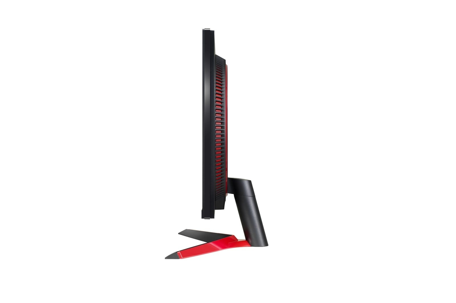 Monitor LG, vista laterale, cornice nera, supporto rosso.
