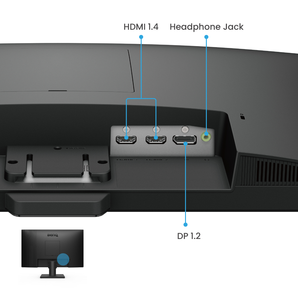 Nahaufnahme der Rückseite eines Monitors mit beschrifteten HDMI-, DP- und Kopfhöreranschluss.