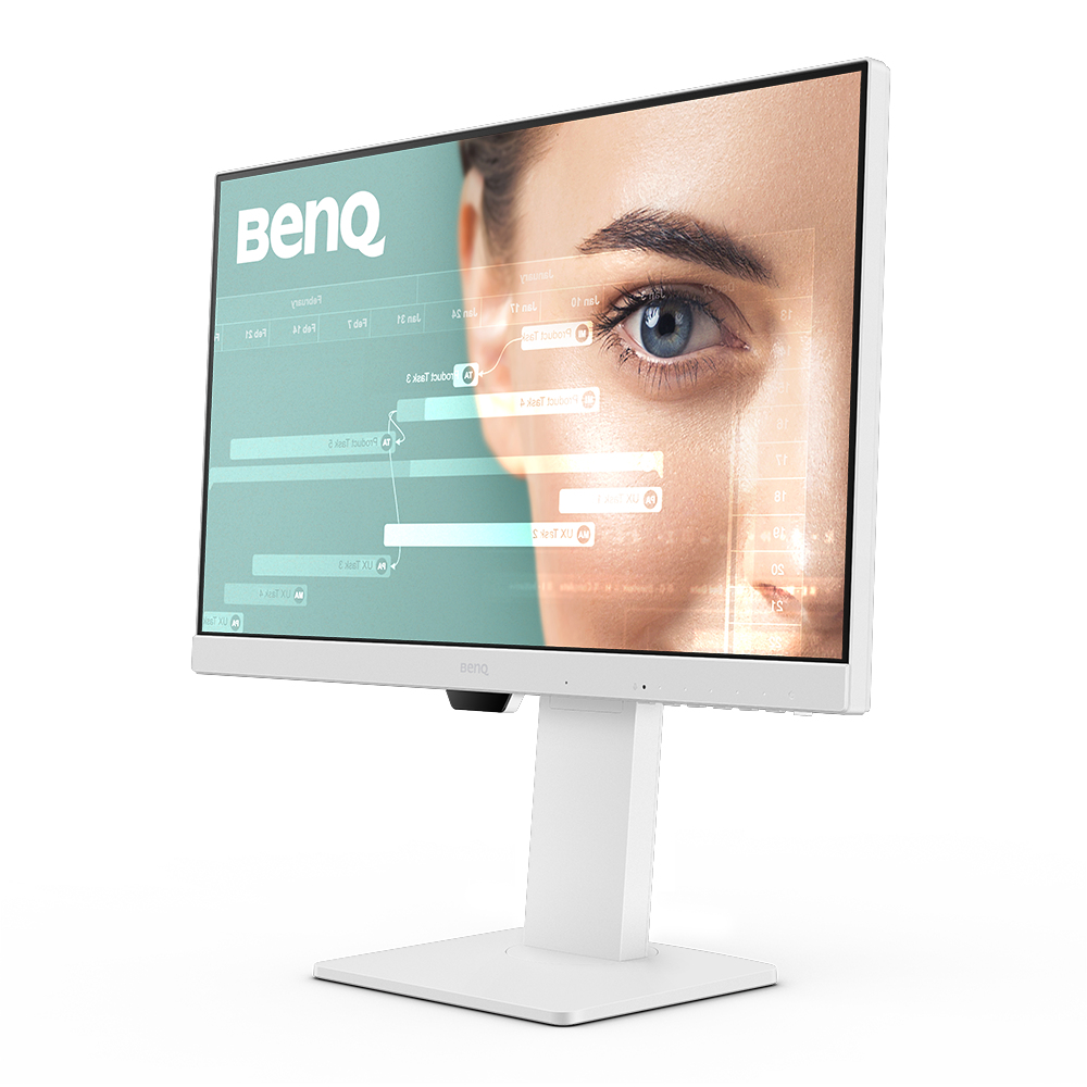 Monitor BenQ blanco, mostrando un ojo de mujer en la pantalla, con soporte y base blancos.
