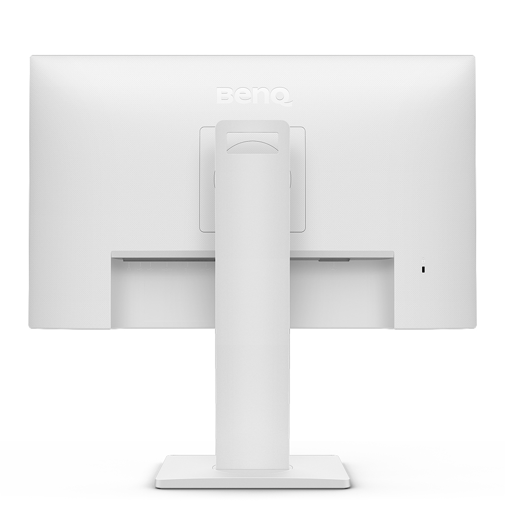 Parte trasera del monitor blanco. Logotipo de BenQ en la parte superior. Soporte y base blancos. Conectores en la parte inferior.