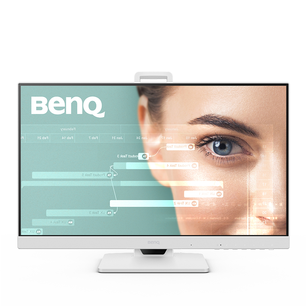 Un monitor BENQ con marco blanco, que muestra parte de la cara de una mujer.