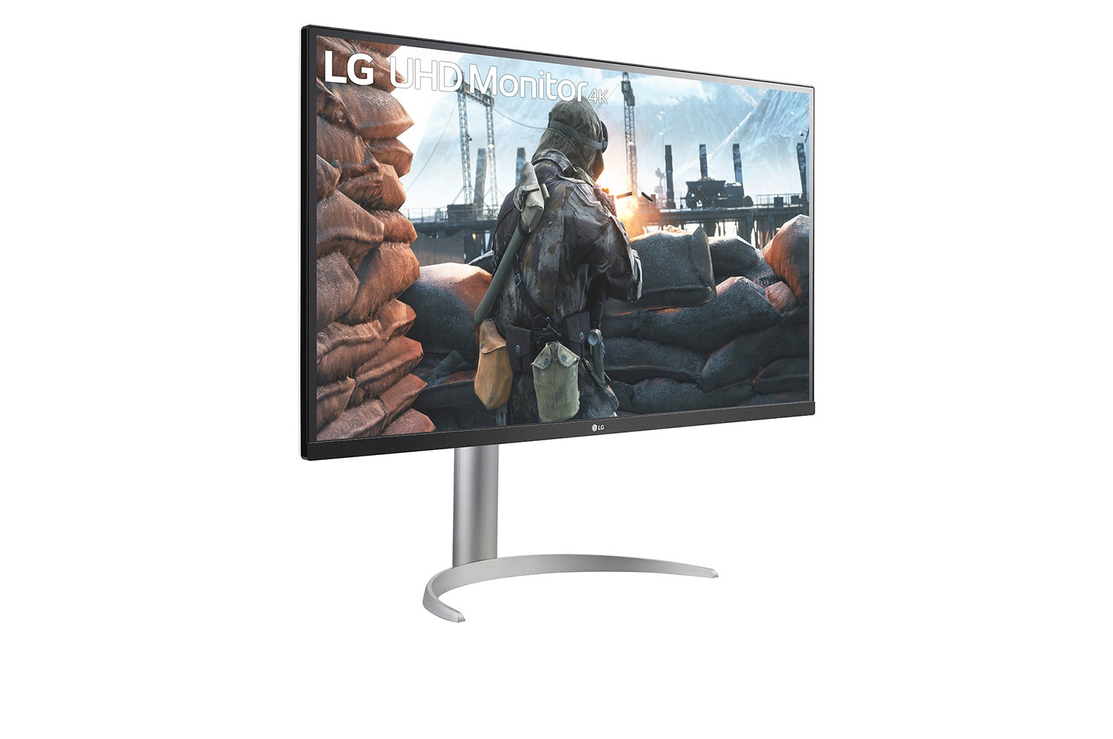 LG monitor displaying a war scene. Silver stand, white background.