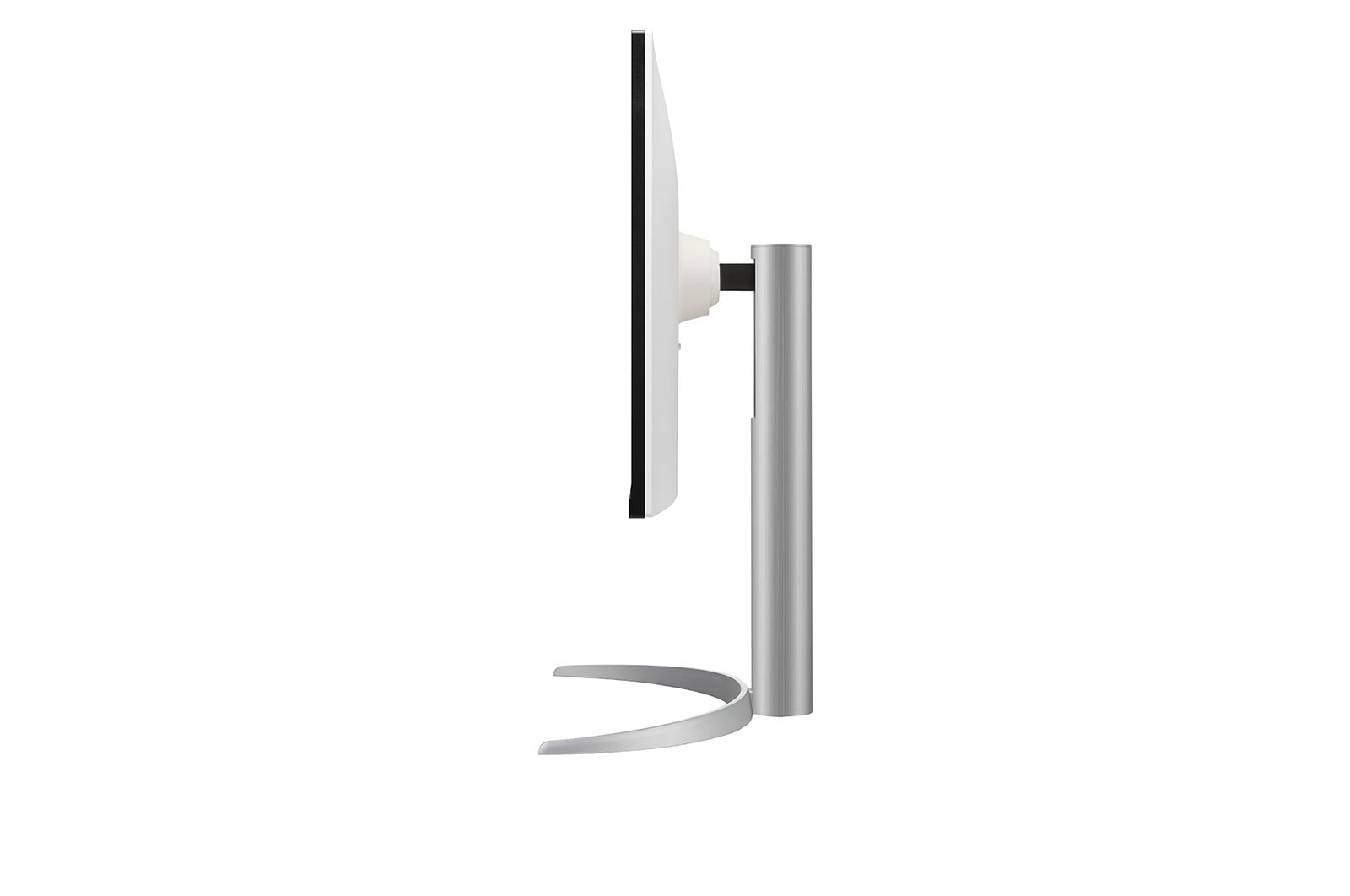 LG monitor side view. Silver stand, white frame, and black screen. White background.