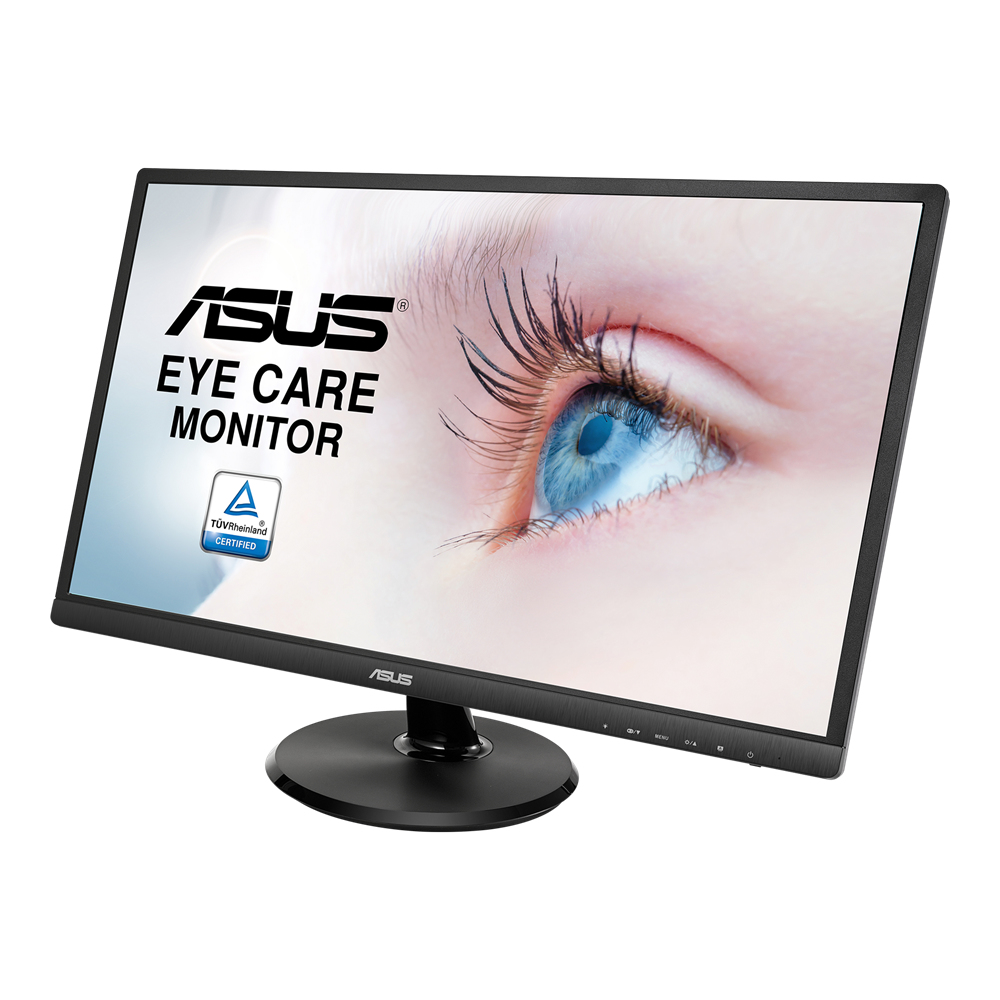 ASUS Eye Care-Monitor zeigt Nahaufnahme eines Auges. Schwarzer Rahmen und Ständer, weißer Hintergrund.