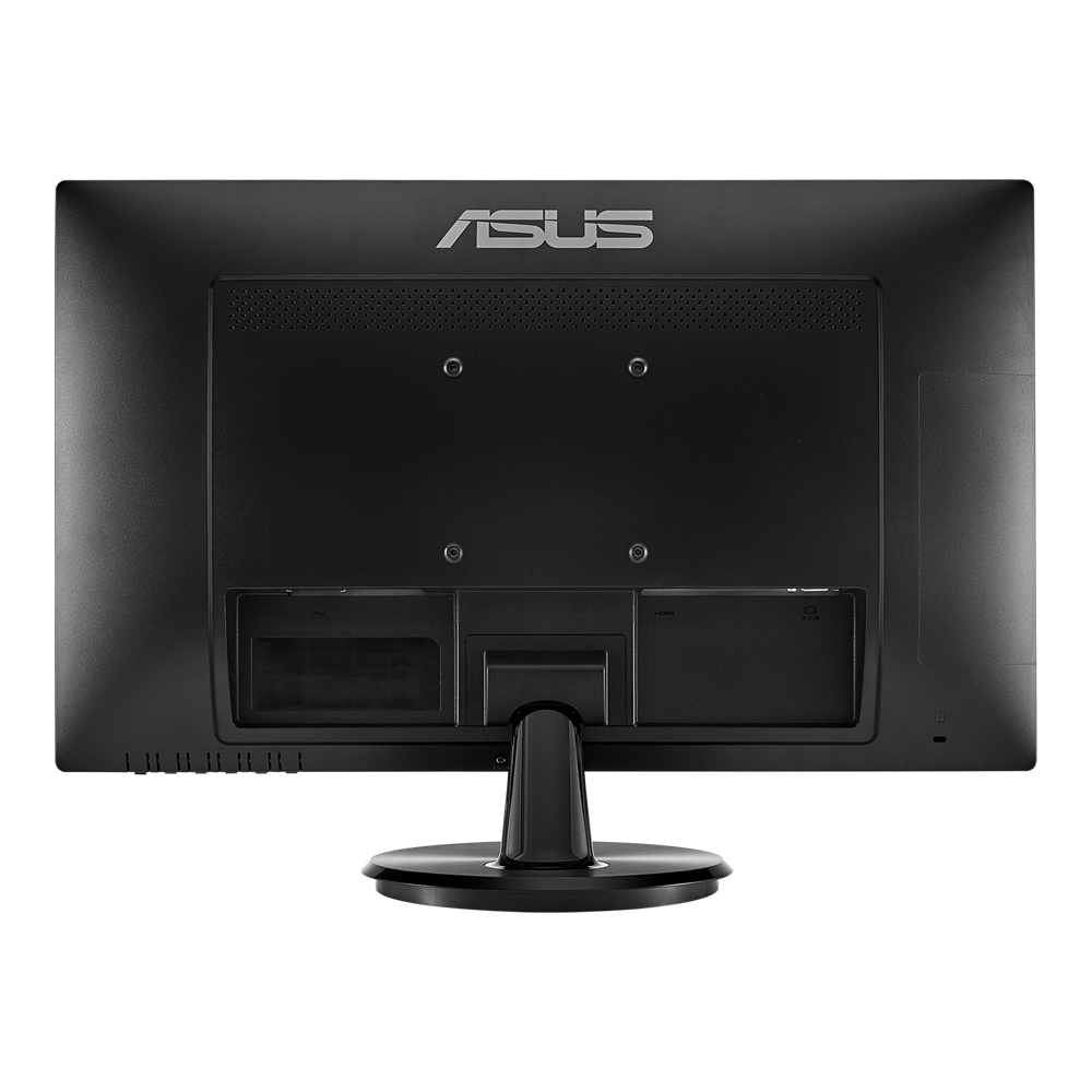 Rückansicht eines schwarzen ASUS-Computermonitors. Das ASUS-Logo befindet sich oben.