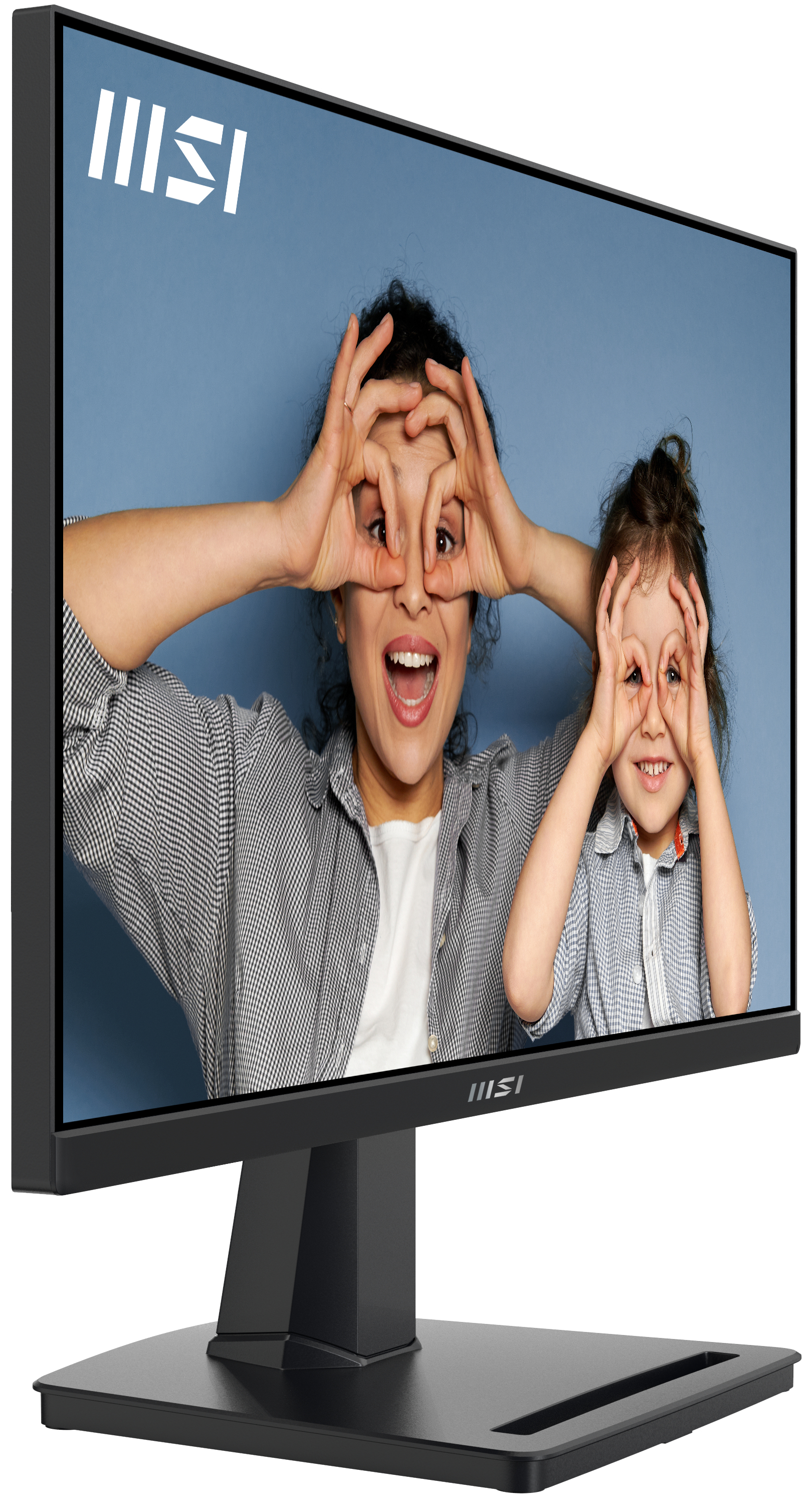Monitor MSI que muestra a una mujer y un niño haciendo gestos con los ojos con las manos.