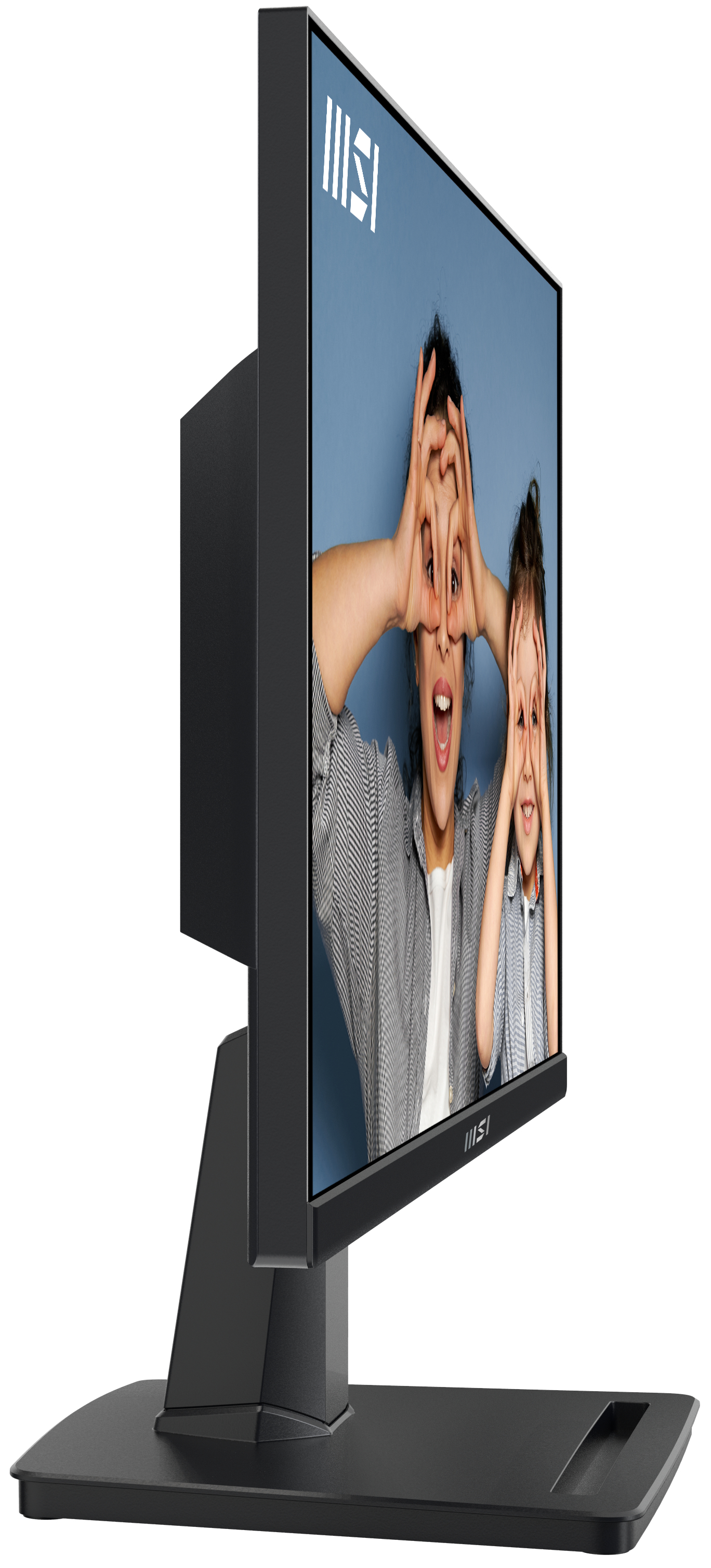 Un monitor negro, que muestra a una persona sosteniendo sus manos en su cabeza, contra un fondo azul.