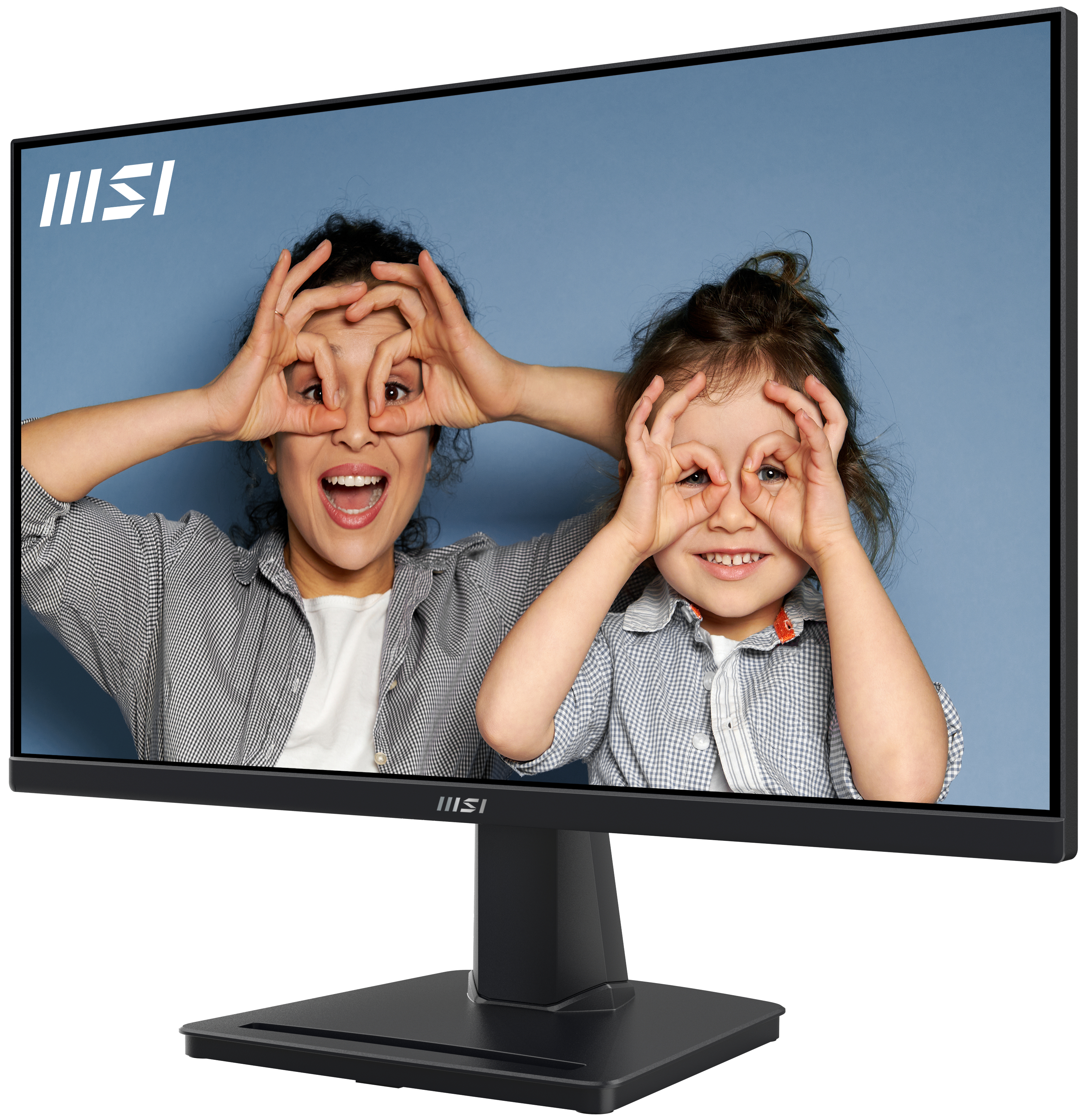 Monitor MSI muestra foto de mujer y niño haciendo círculos con los dedos alrededor de sus ojos.