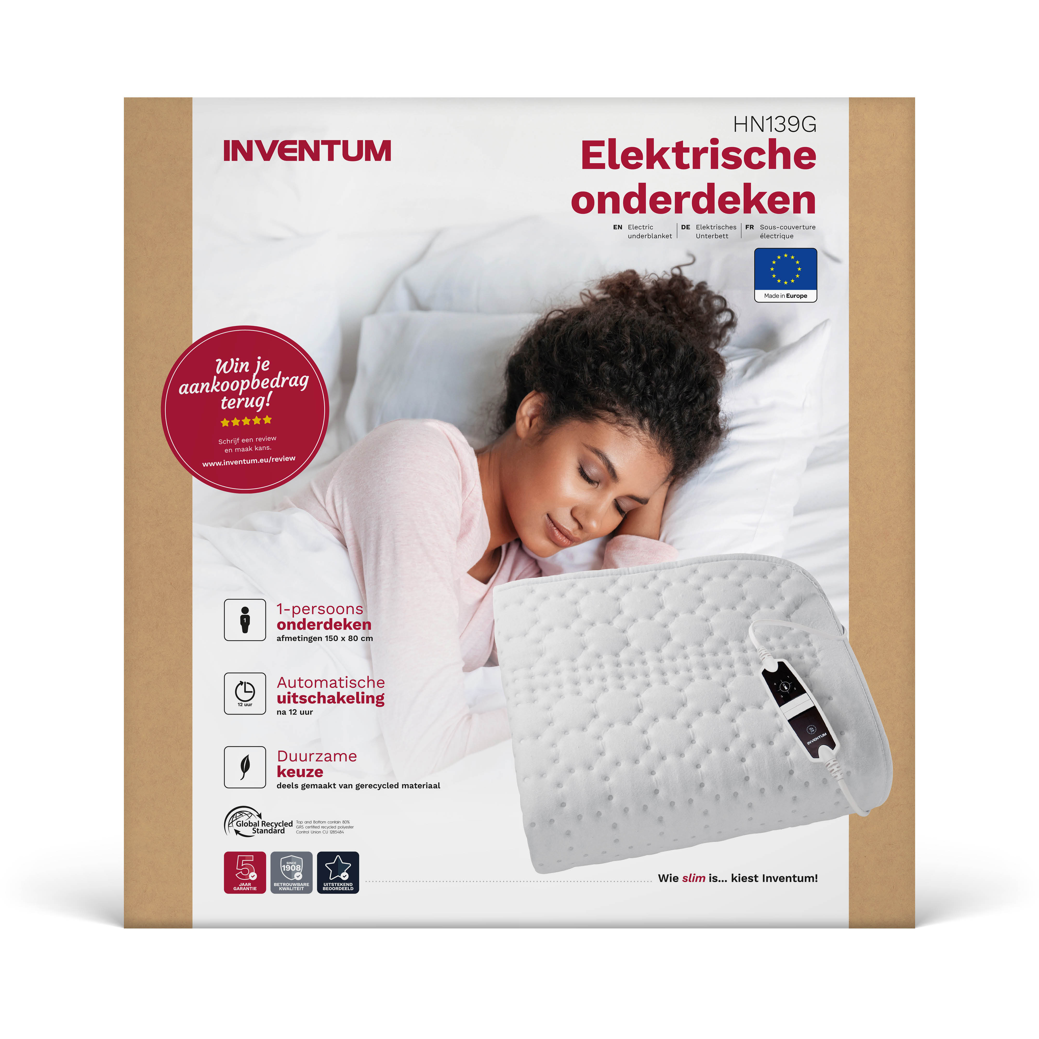 A person sleeping on an electric blanket in a box. Text details features and brand.