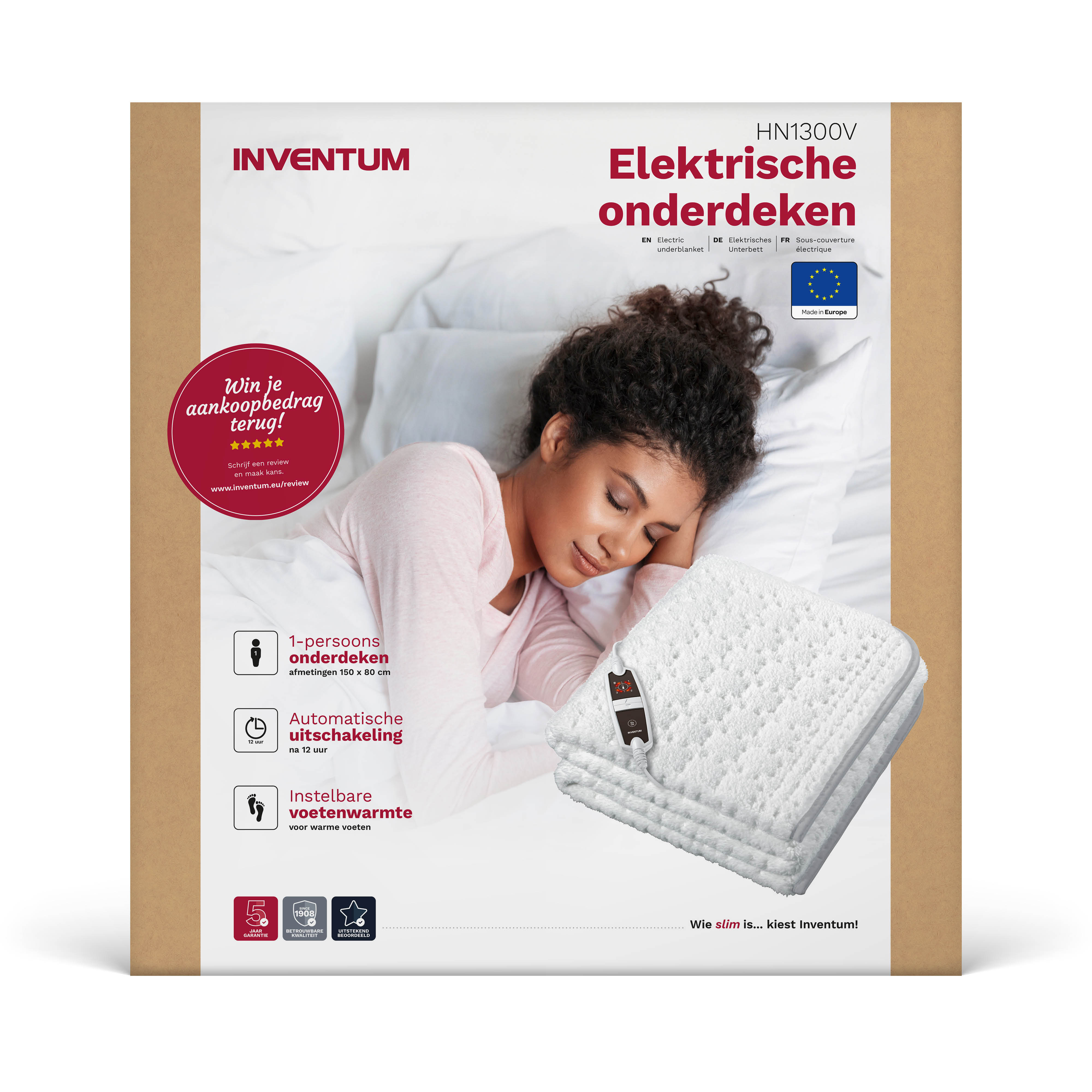 A woman sleeps on a bed, covered by an electric blanket, on a brown cardboard box.