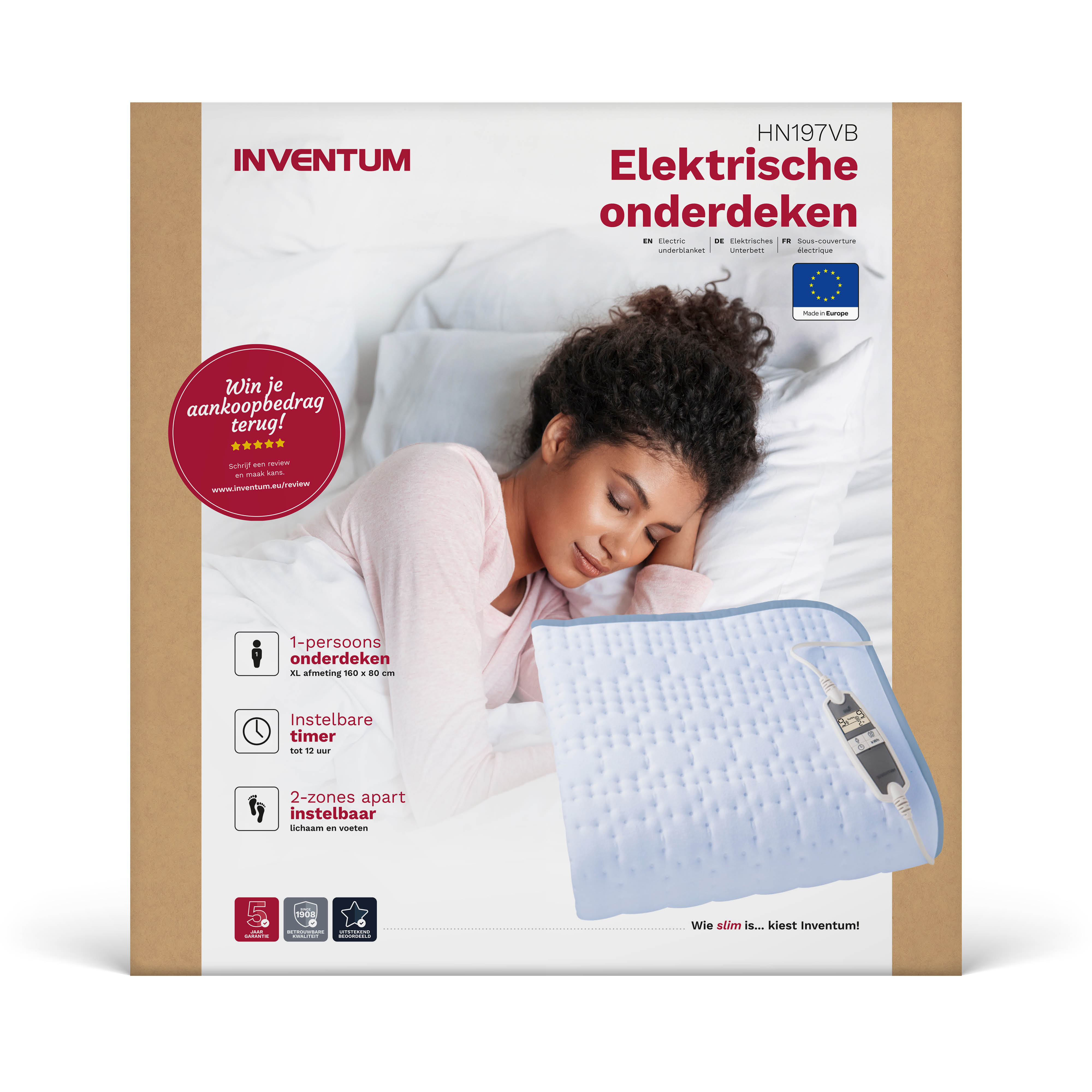 Woman sleeping on a bed, product box with text and details.