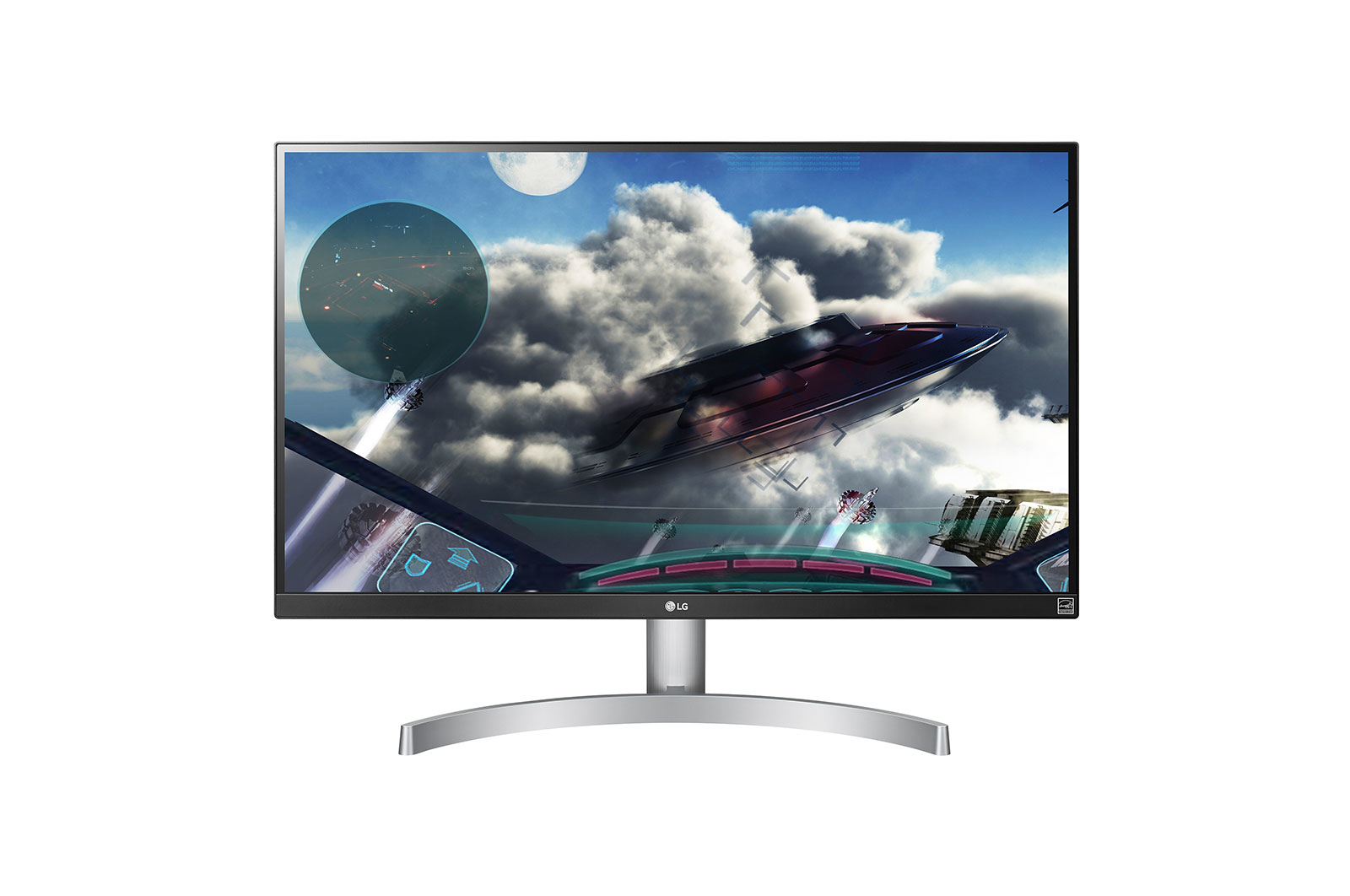 Un monitor LG muestra una escena de ciencia ficción con una nave espacial. El fondo incluye nubes y una luna.