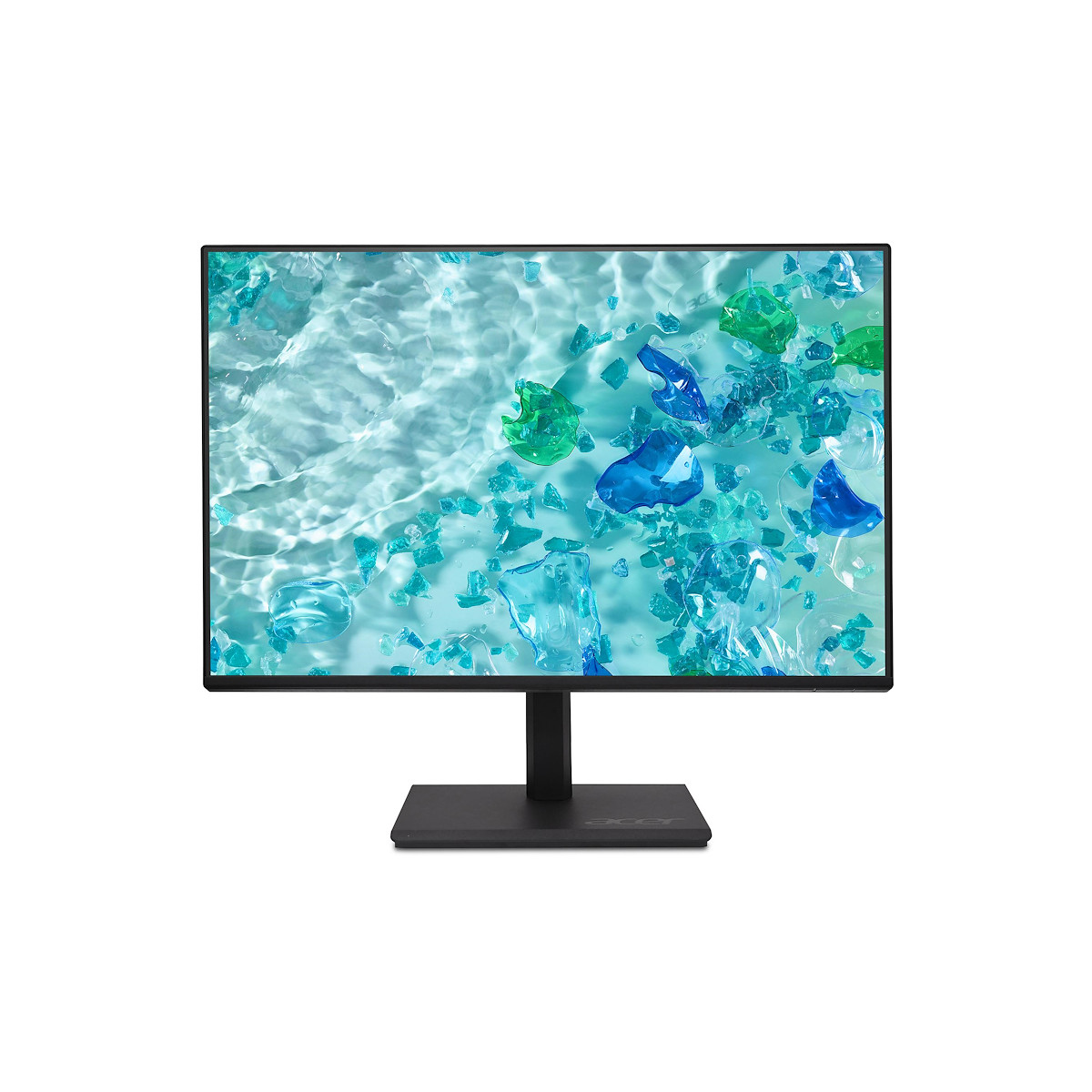Monitor displaying water and blue shapes, black frame, black stand.