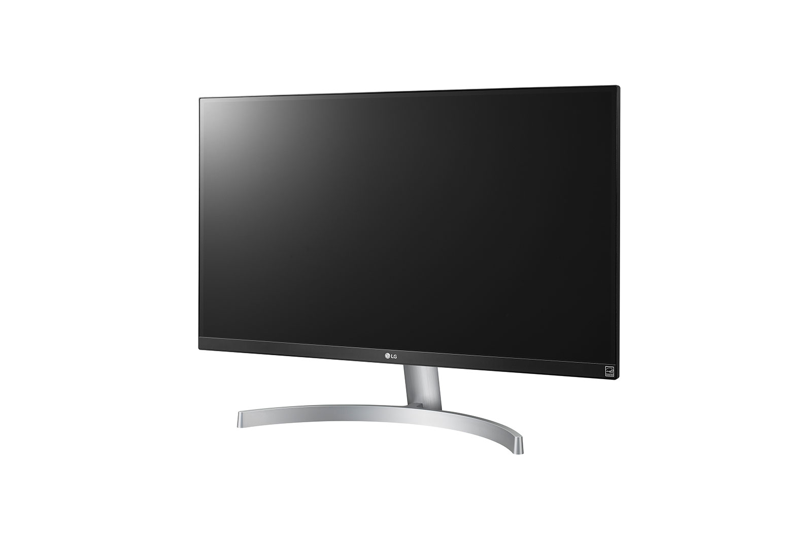 Un monitor LG con soporte plateado y pantalla negra. Tiene una base curvada.
