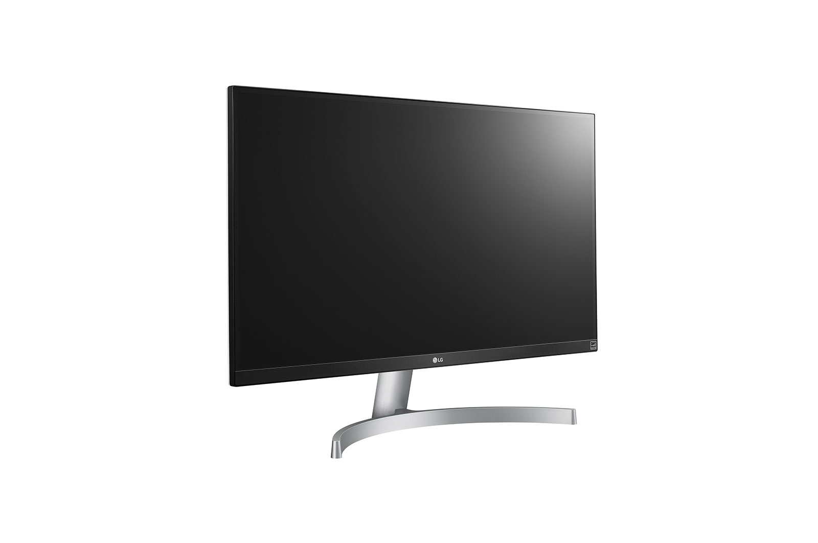 Monitor LG, vista en ángulo. Pantalla negra. Soporte plateado. Diseño moderno y minimalista.