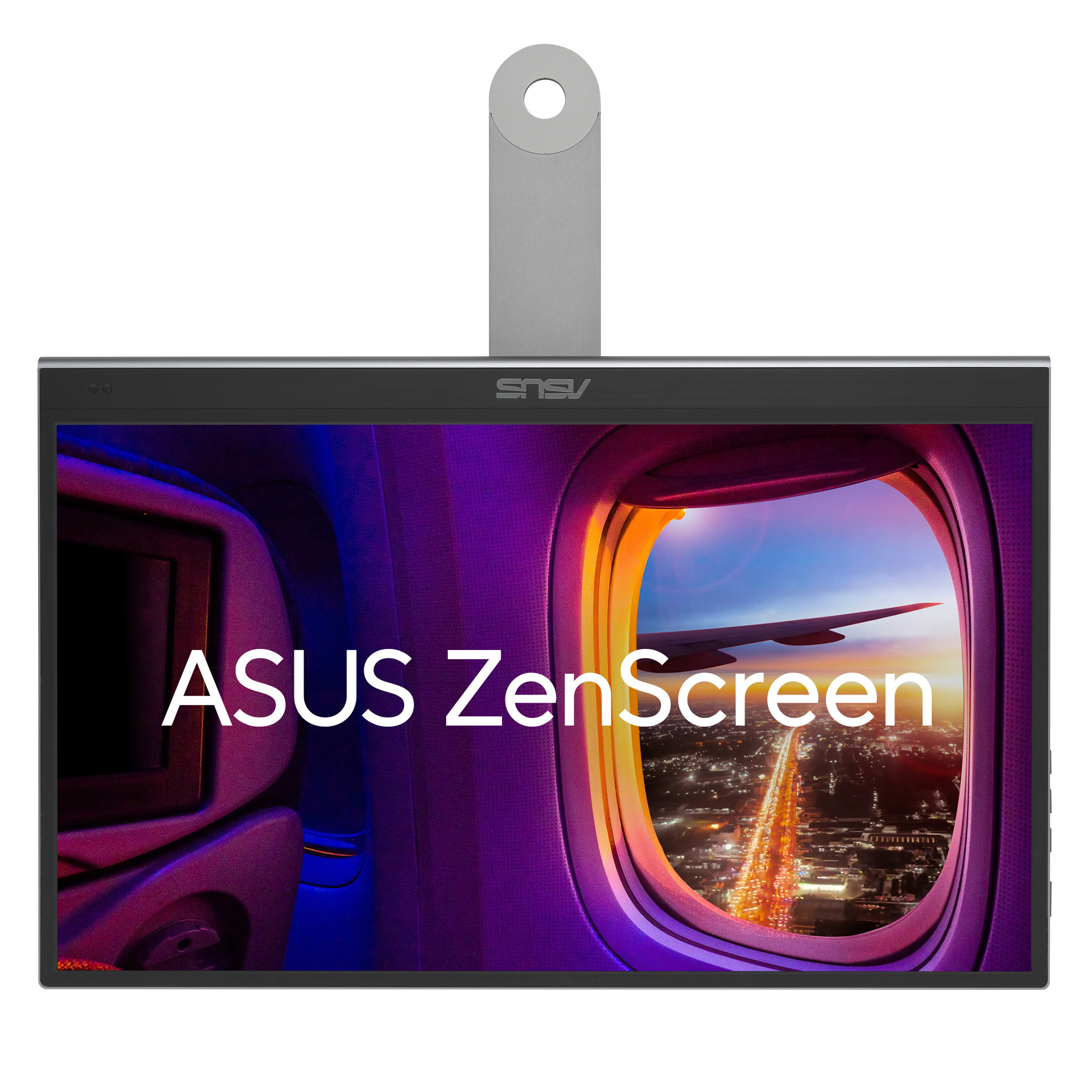ASUS ZenScreen, przenośny monitor z widokiem z okna samolotu, wyświetlający tekst.