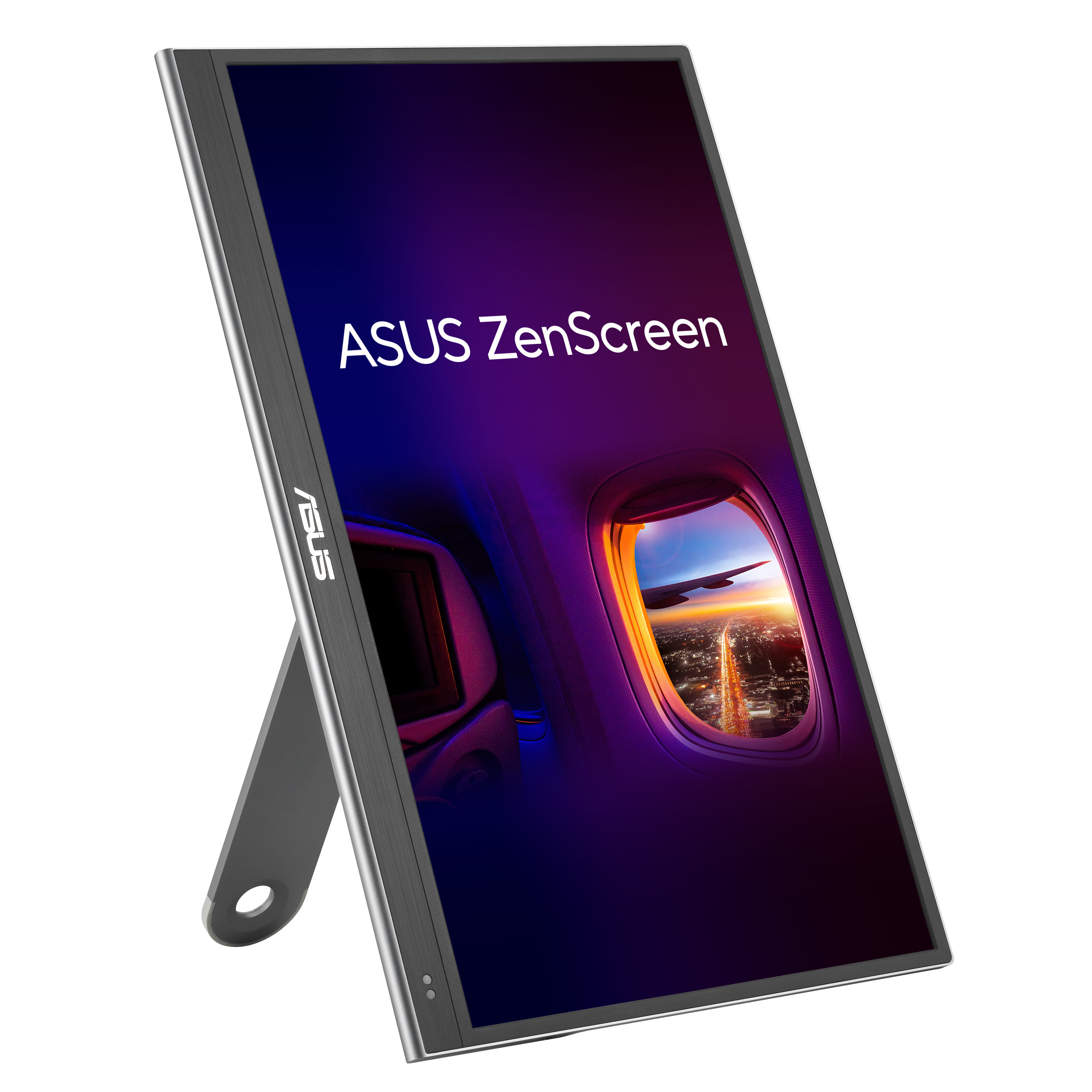 Monitor Asus ZenScreen. Ustawiony pod kątem, z ekranem pokazującym widok z okna samolotu.