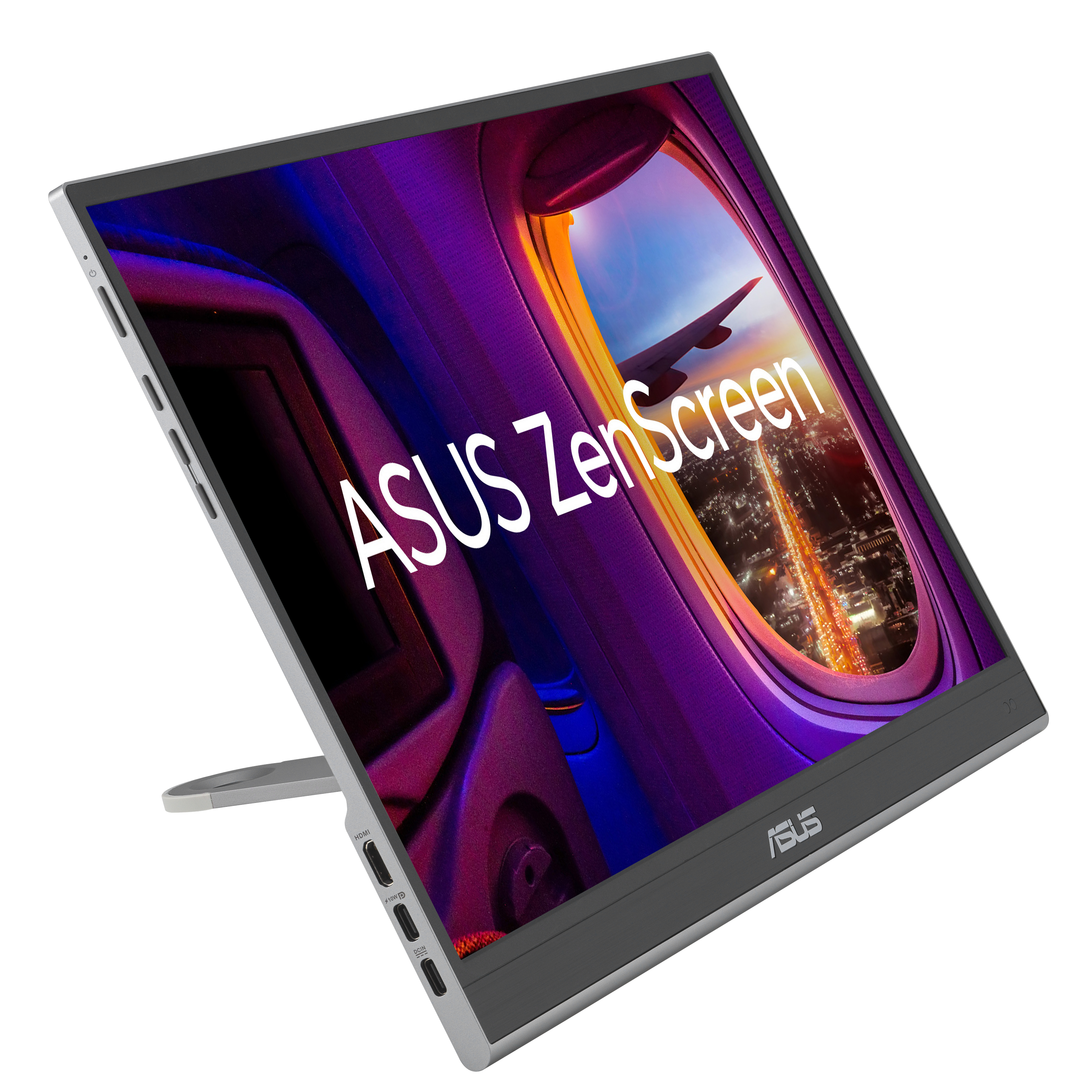 Monitor ASUS ZenScreen, pod kątem, wyświetla widok miasta z okna samolotu.