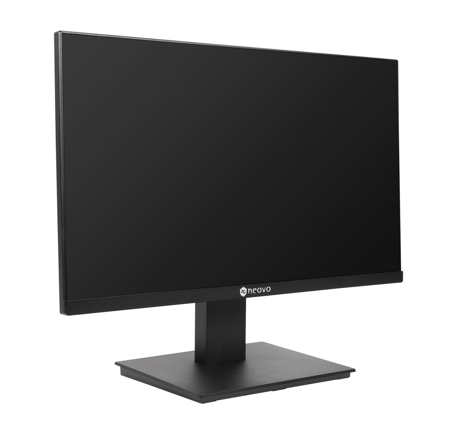 Schwarzer Neovo-Monitor, schräge Ansicht. Schwarzer Ständer und Sockel, schwarzer Bildschirm.