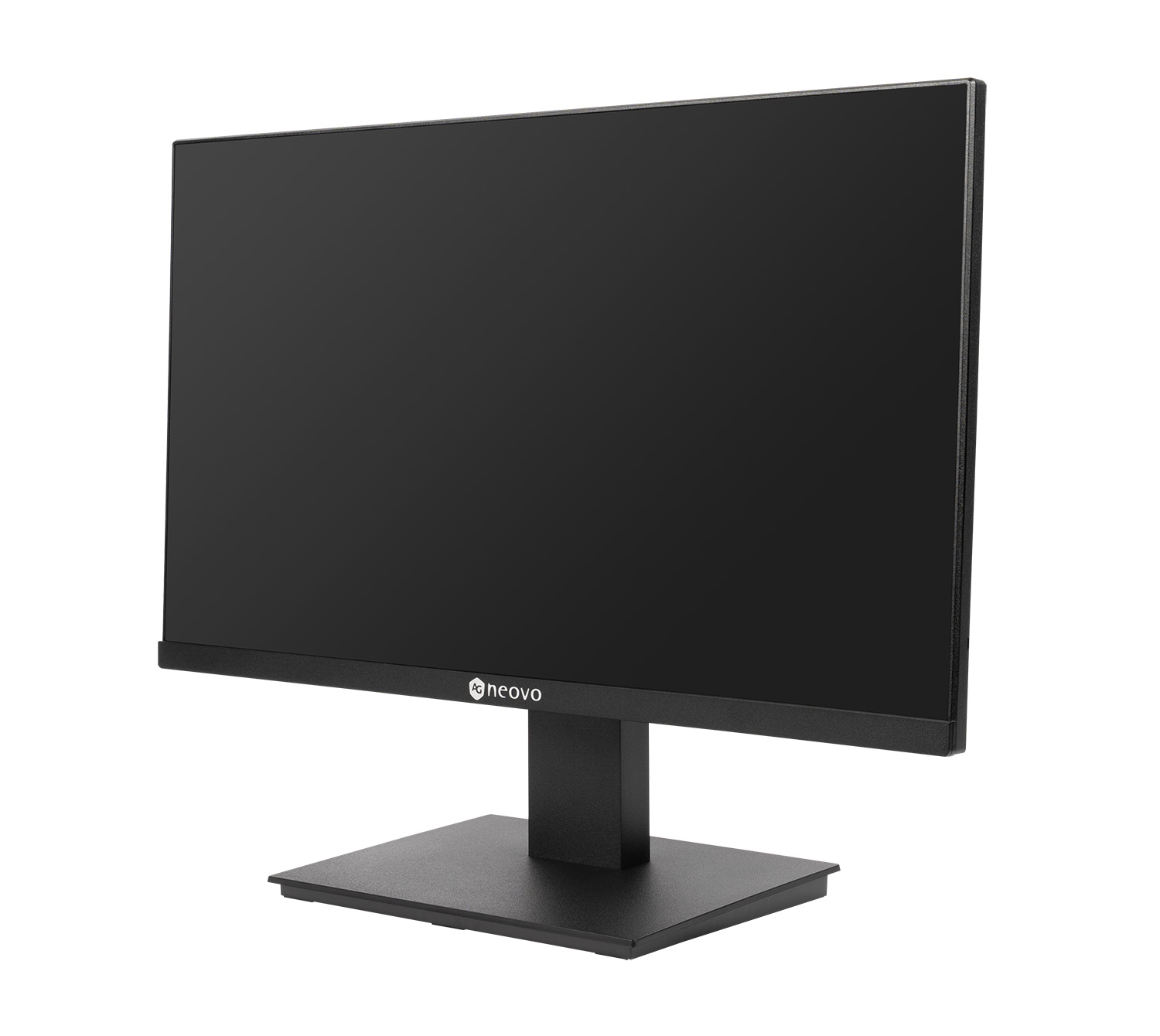 Neovo-Monitor, schwarzer Bildschirm und Ständer. Direkte Perspektive, weißer Hintergrund.