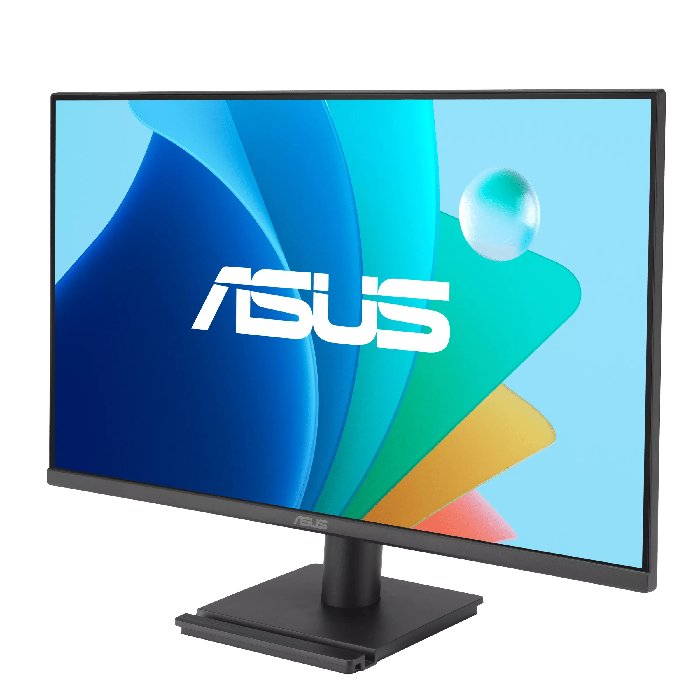Monitor ASUS z niebiesko-zielonym abstrakcyjnym wzorem na ekranie, czarną podstawą i ramką.