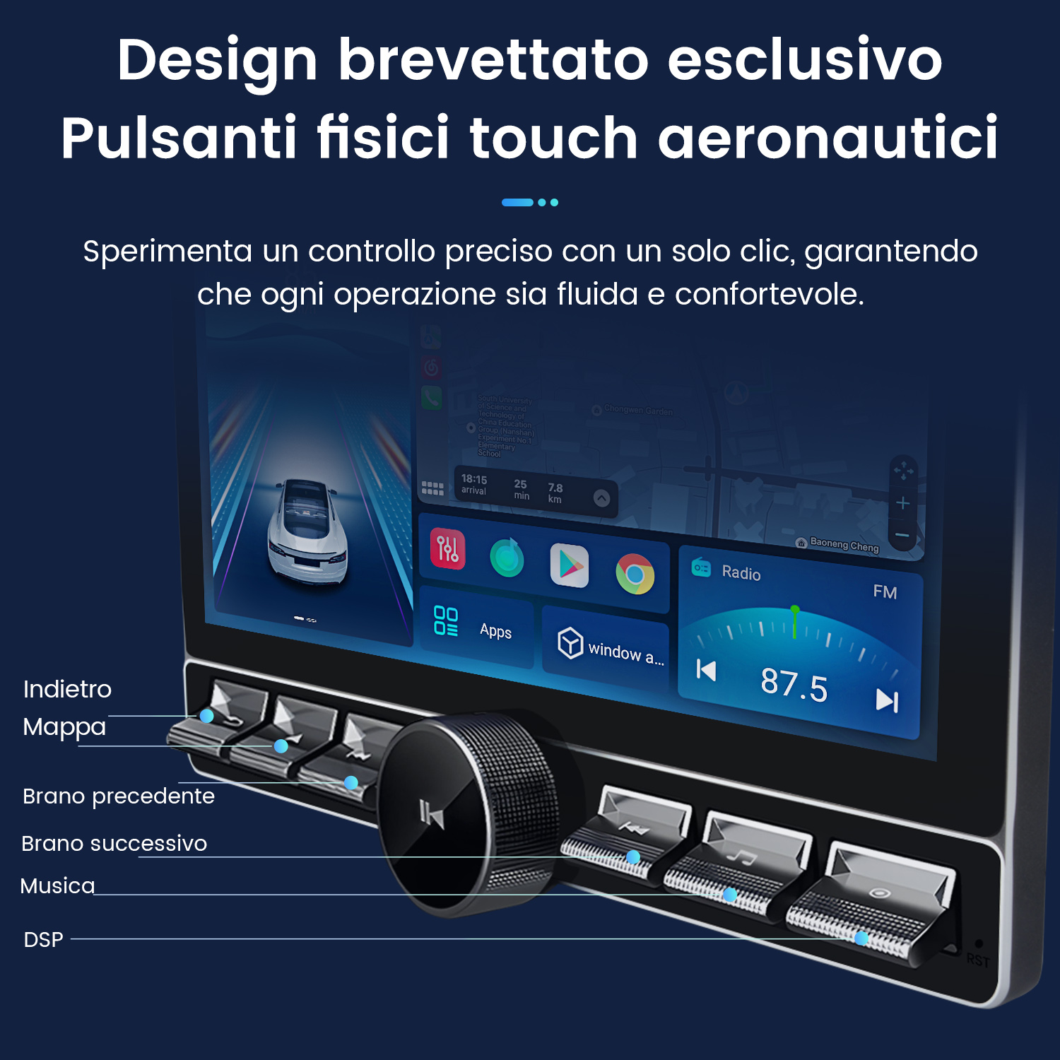 Primer plano de un sistema multimedia para automóvil con pantalla táctil y botones.