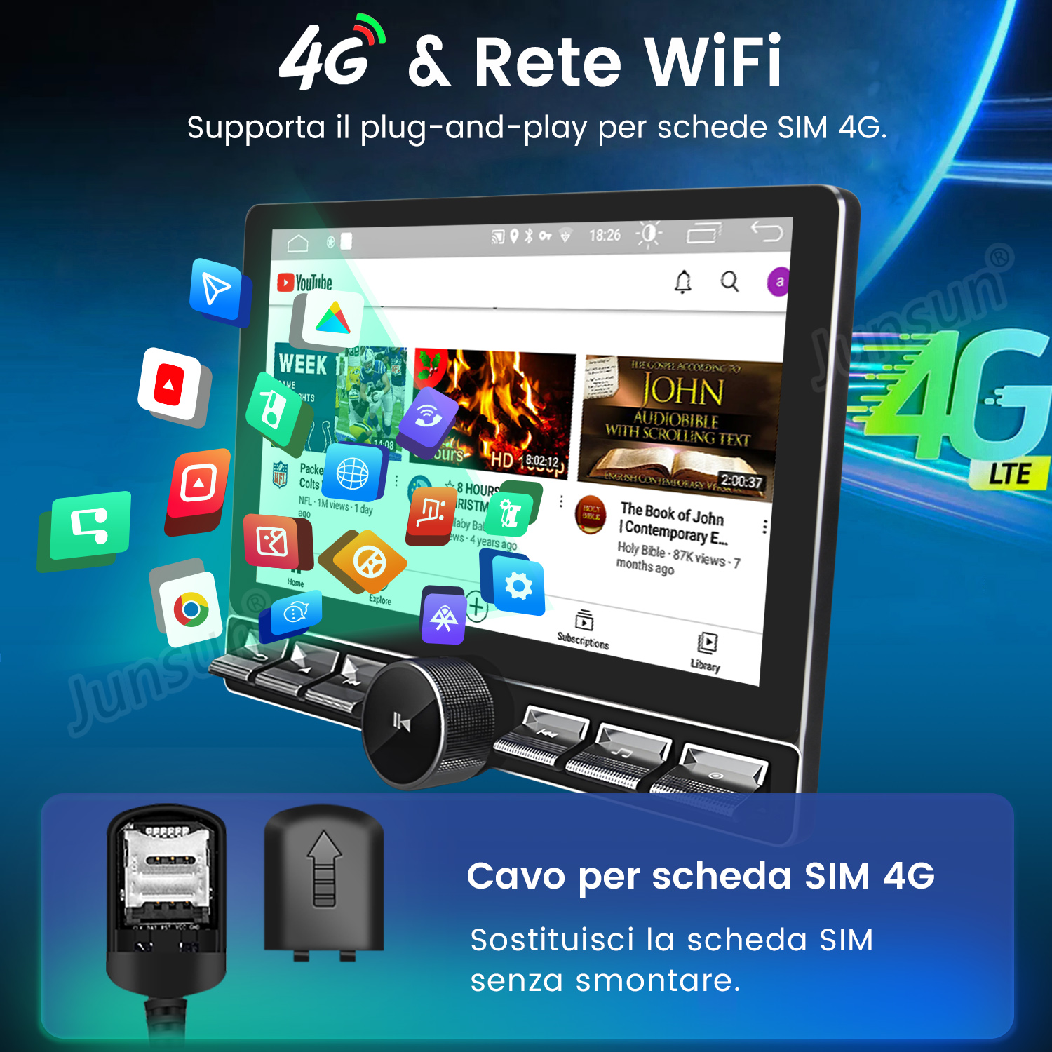 Dispositivo digital con pantalla táctil que muestra aplicaciones y opciones. Superposición de texto: 4G & Rete WiFi.