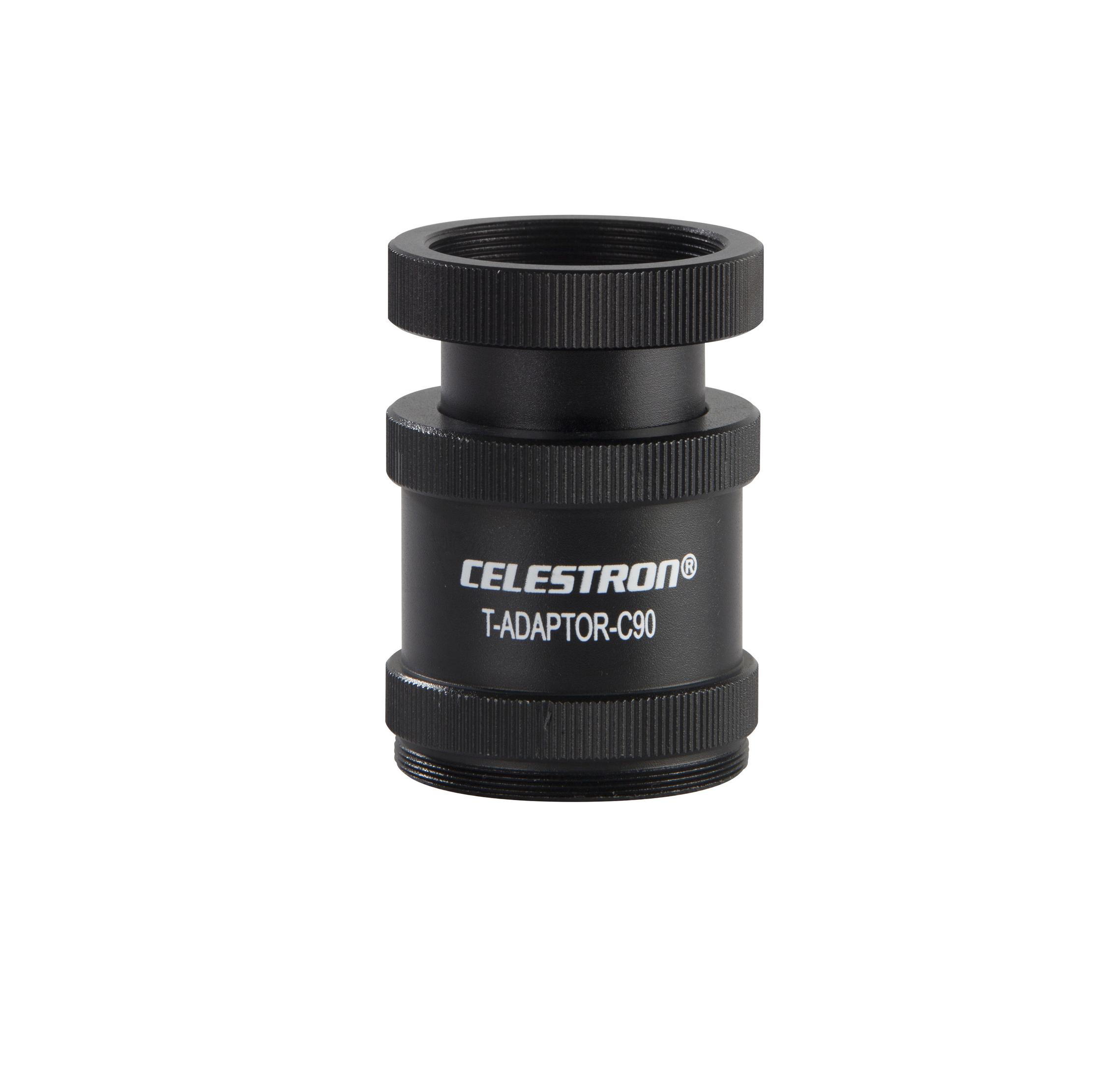 Schwarzer Celestron T-Adapter C90 für ein Teleskop. Er hat Gewinde zur Befestigung an anderen Geräten.