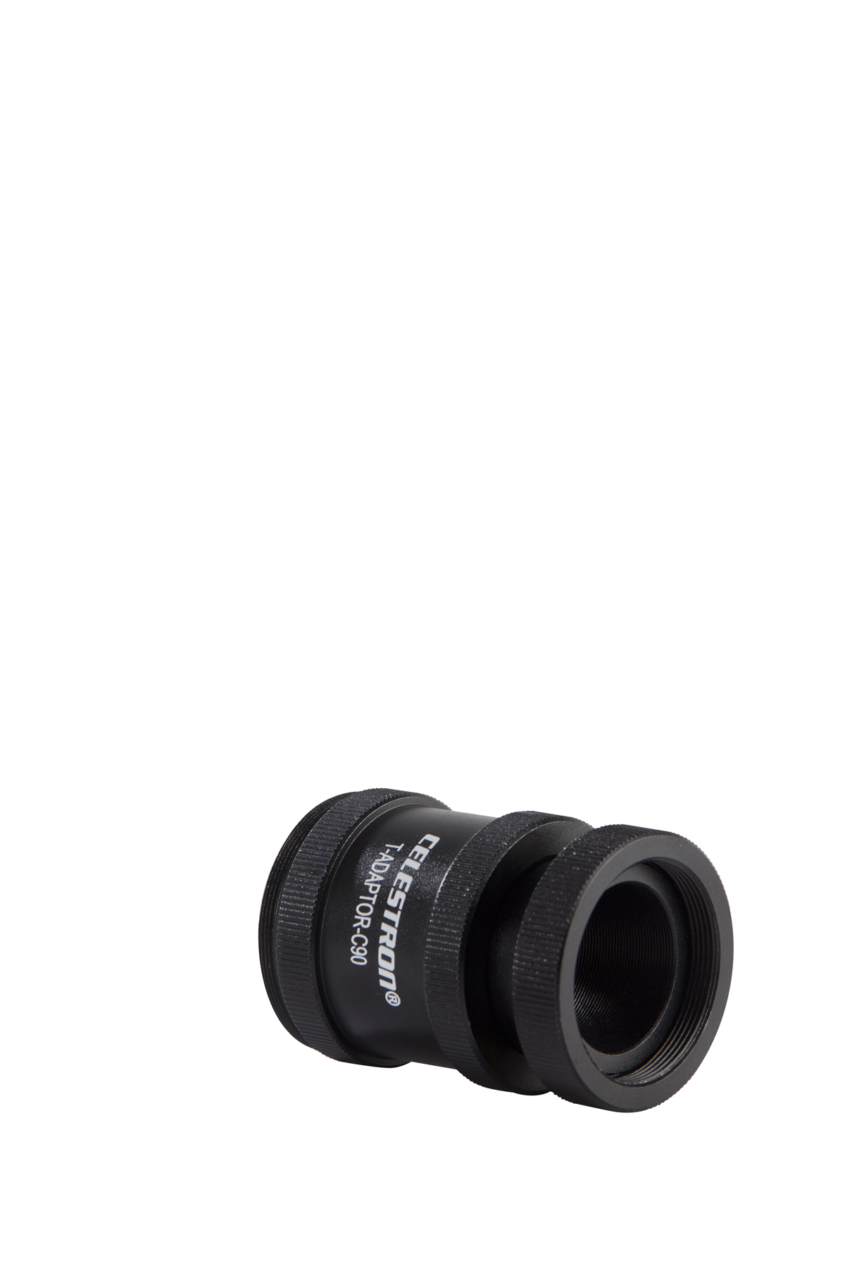 Schwarzer Celestron T-Adapter C90, mit Gewindeenden, isoliert auf weißem Hintergrund.