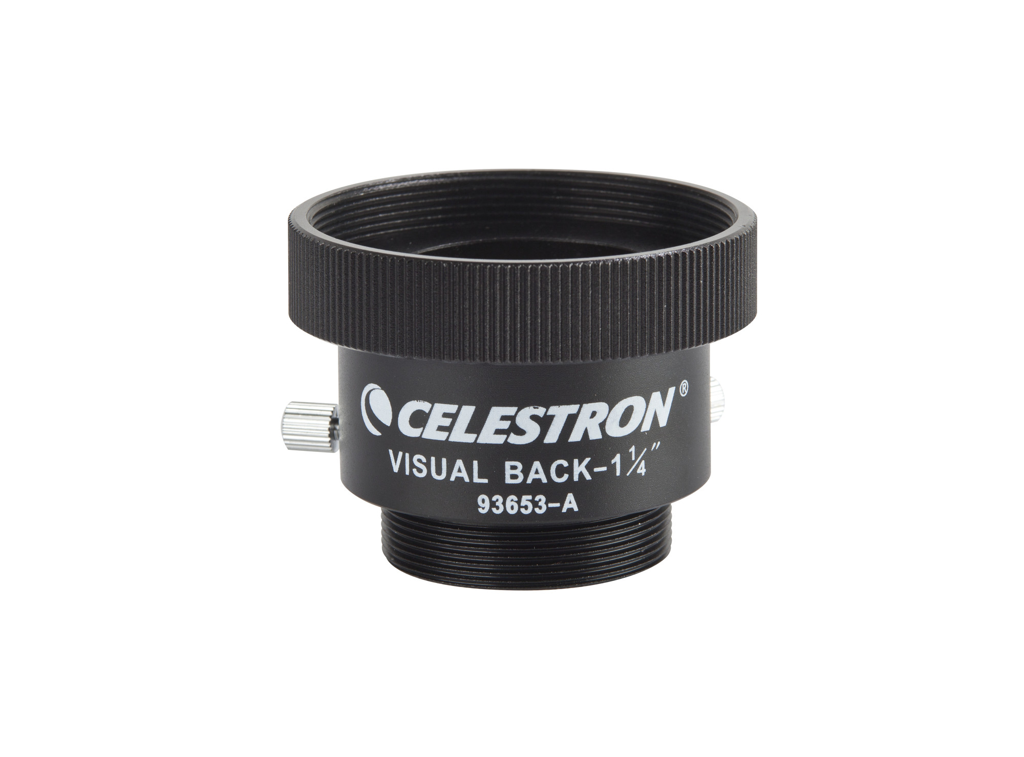 Schwarzes Celestron Teleskopzubehör. Es hat Text und einen Gewindesockel. Weißer Hintergrund.