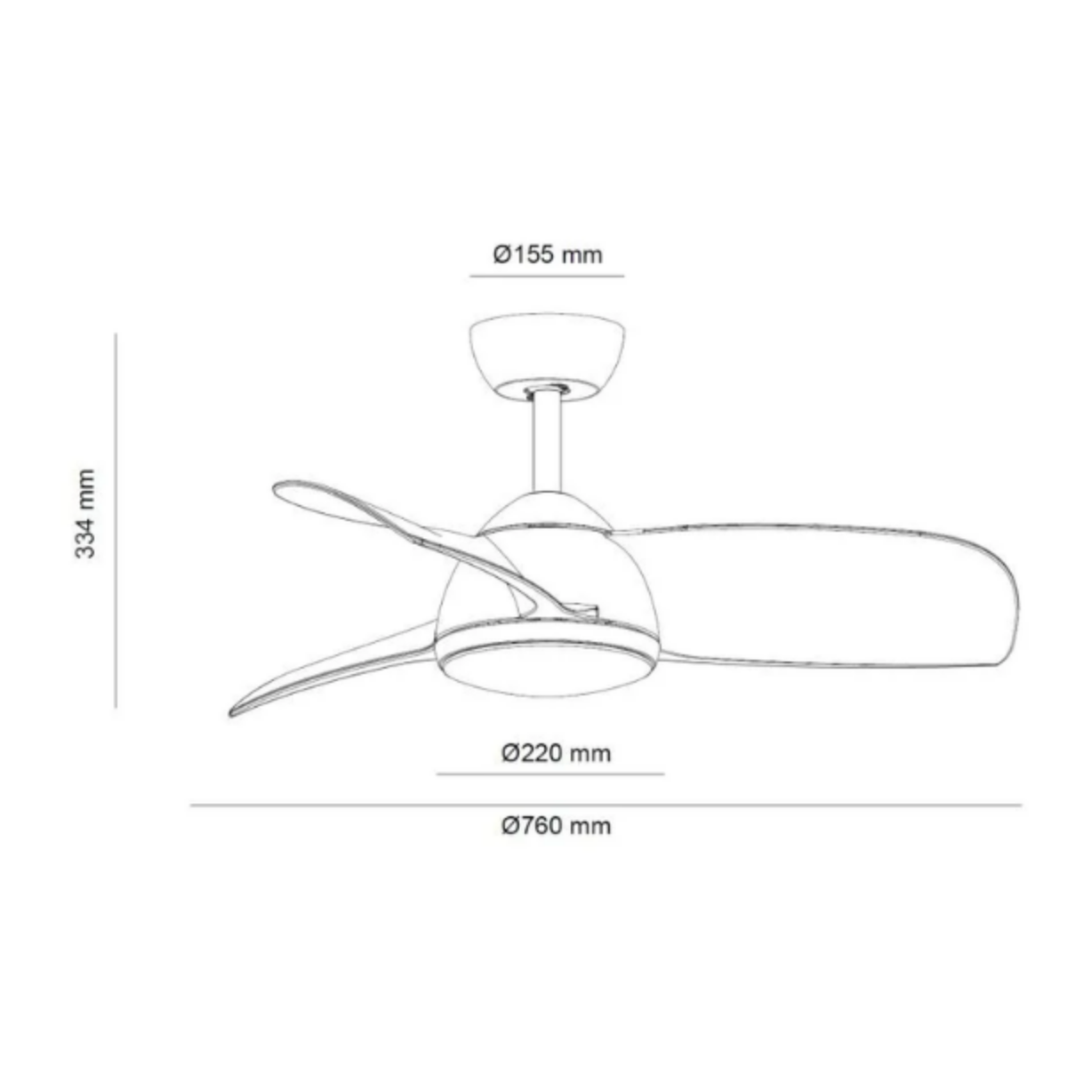 Diagramma di un ventilatore da soffitto, con dimensioni: Ø155 mm, Ø220 mm, Ø760 mm, 334 mm.