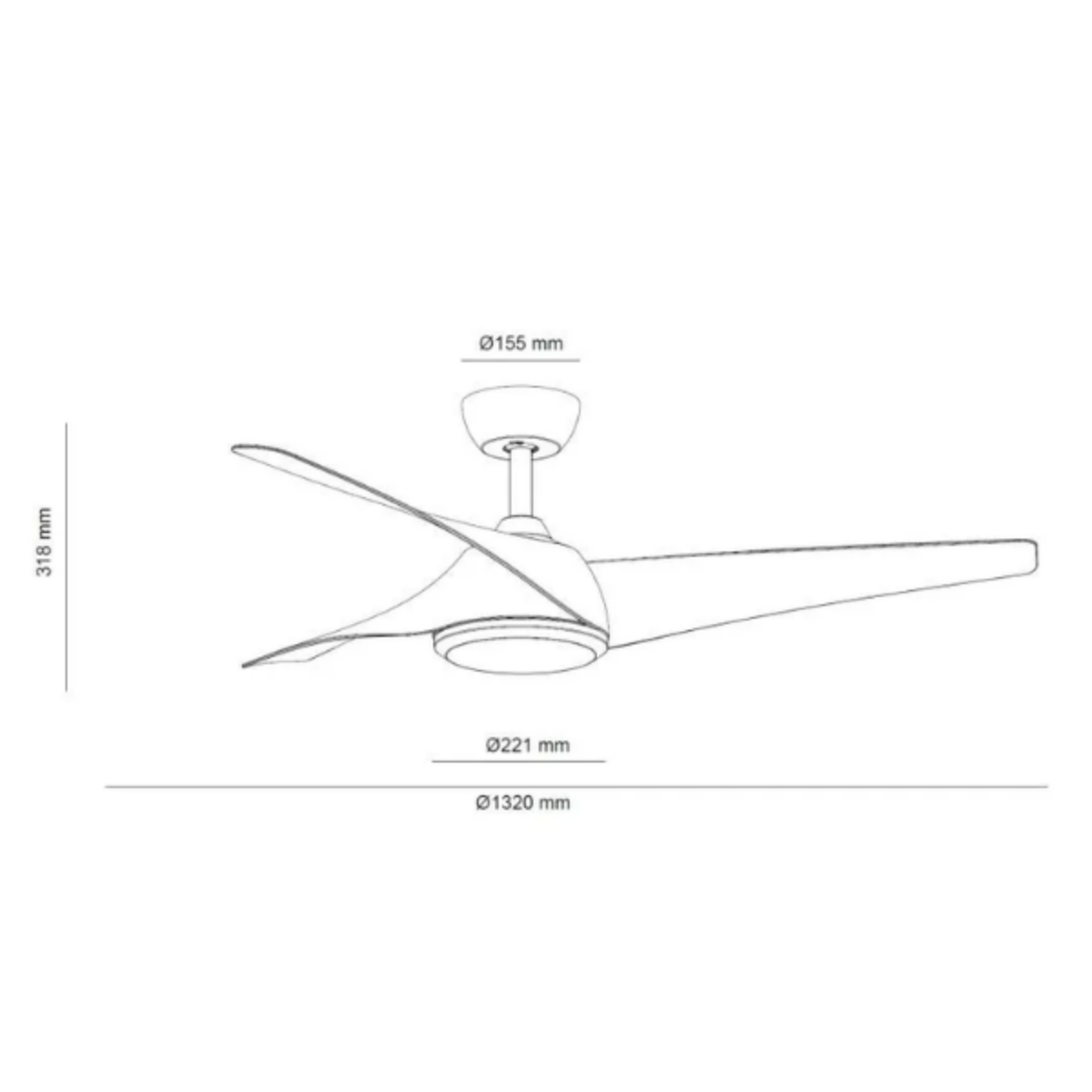 Diagramma di un ventilatore da soffitto, con dimensioni: Ø155 mm, Ø221 mm, Ø1320 mm, 318 mm.