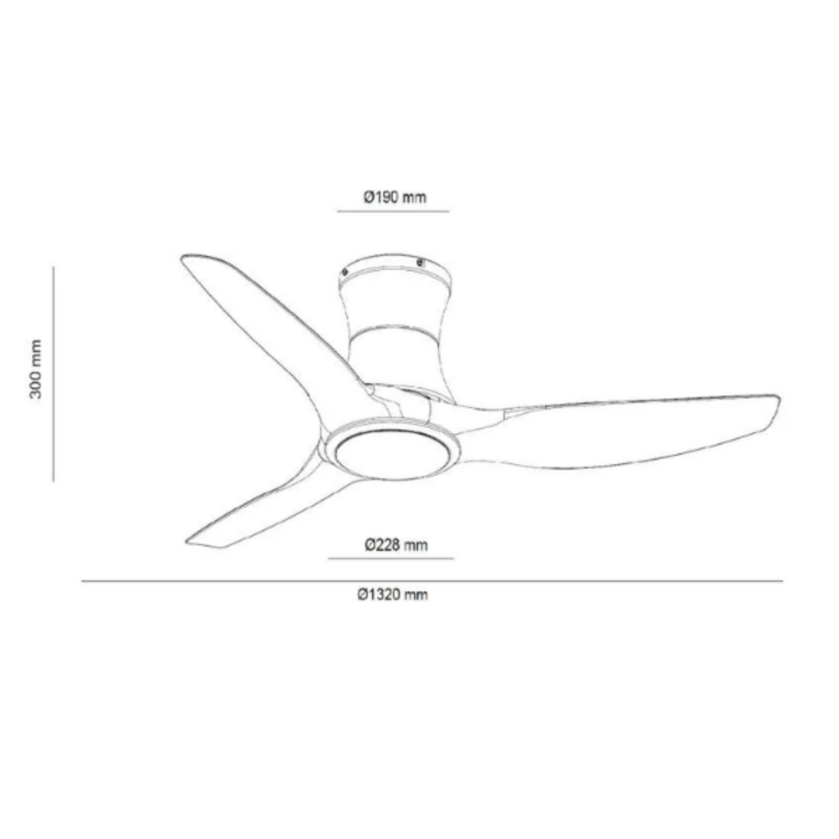Disegno lineare di un ventilatore da soffitto con dimensioni. Tre pale, un motore centrale e una base.