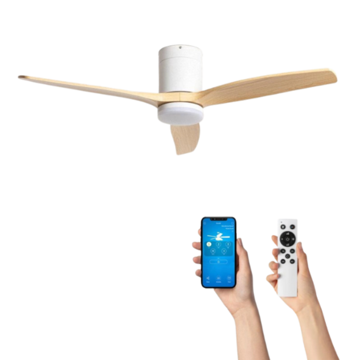 Un ventilatore a soffitto con tre pale in legno, telefono con app e telecomando.