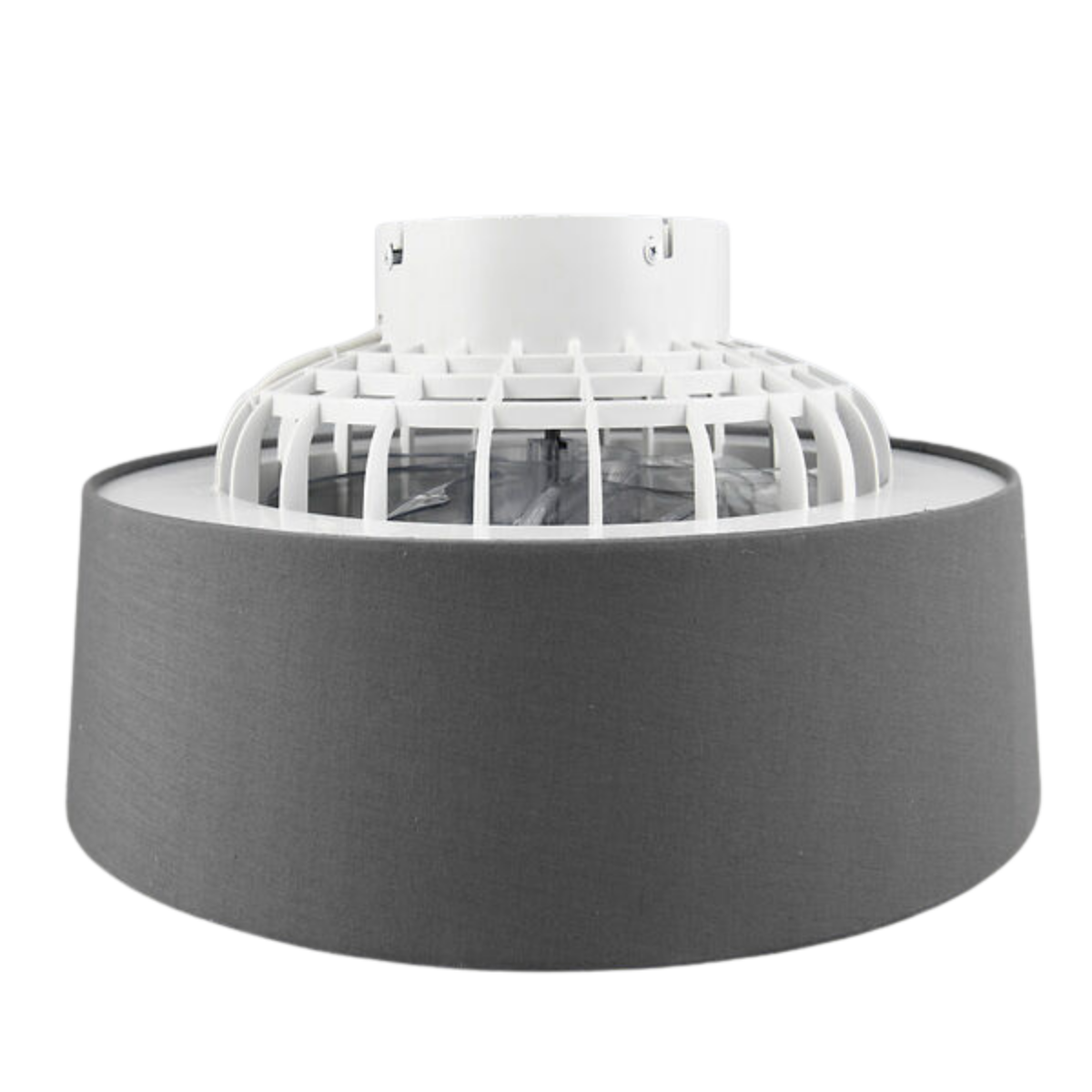 Un ventilatore da soffitto bianco con una tonalità grigia.