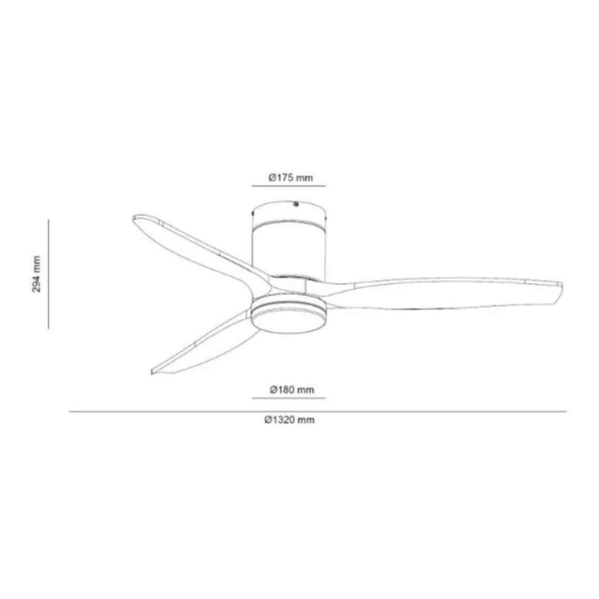 Un disegno tecnico di un ventilatore da soffitto che mostra dimensioni e misure.