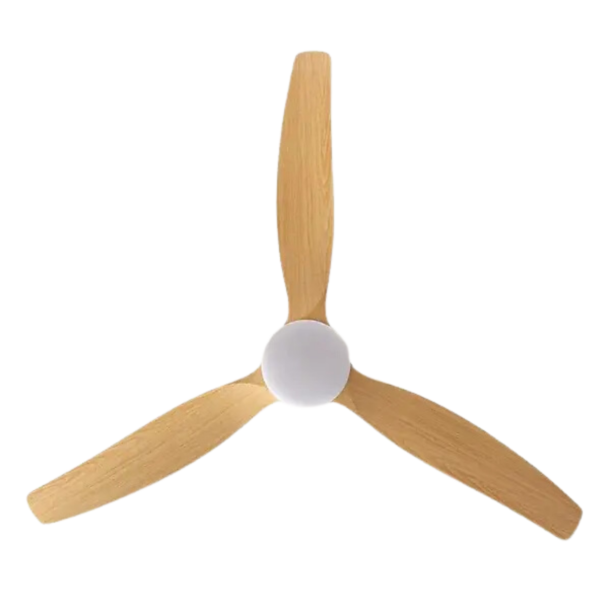 Un ventilatore da soffitto argentato con tre pale curve. Ha una luce alla base.