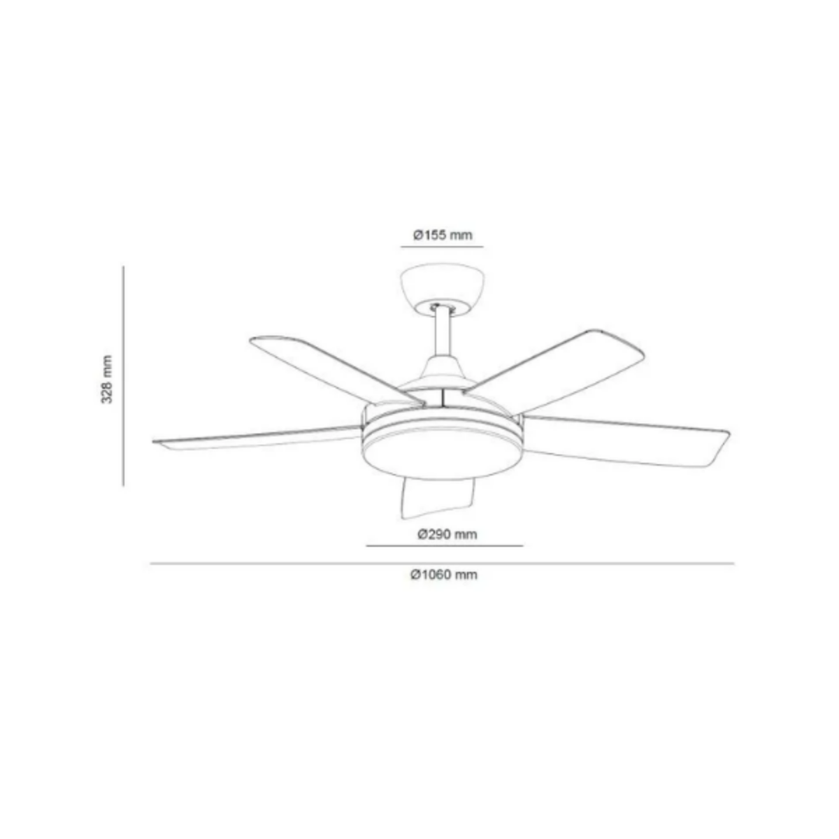 Un disegno tecnico di un ventilatore da soffitto con dimensioni in mm, su sfondo bianco.