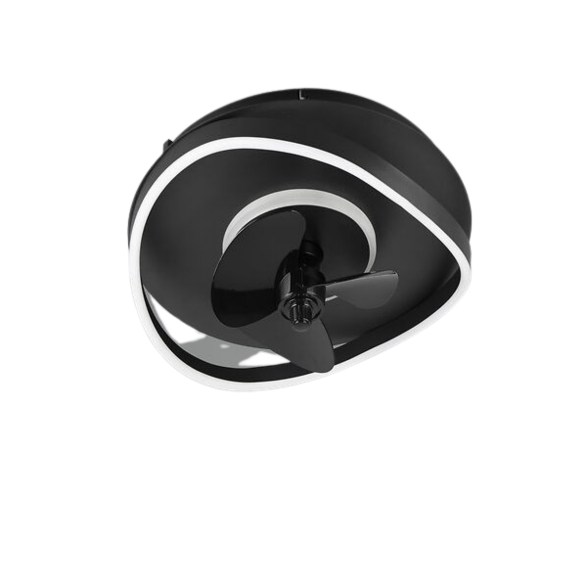 Ventilatore da soffitto nero con due pale e un anello bianco al neon.