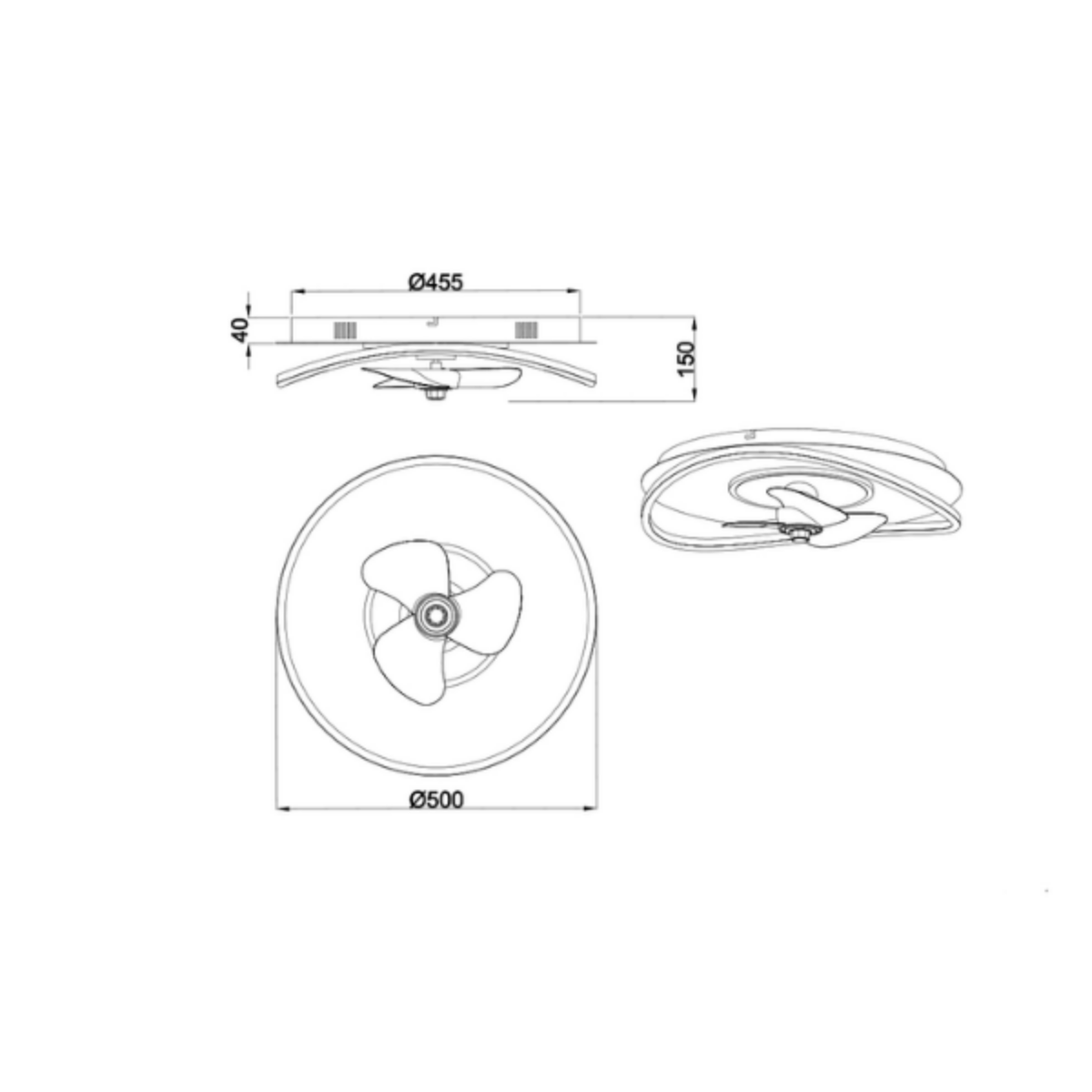 Disegno lineare di un ventilatore da soffitto, viste dall'alto e laterale, con dimensioni in mm.