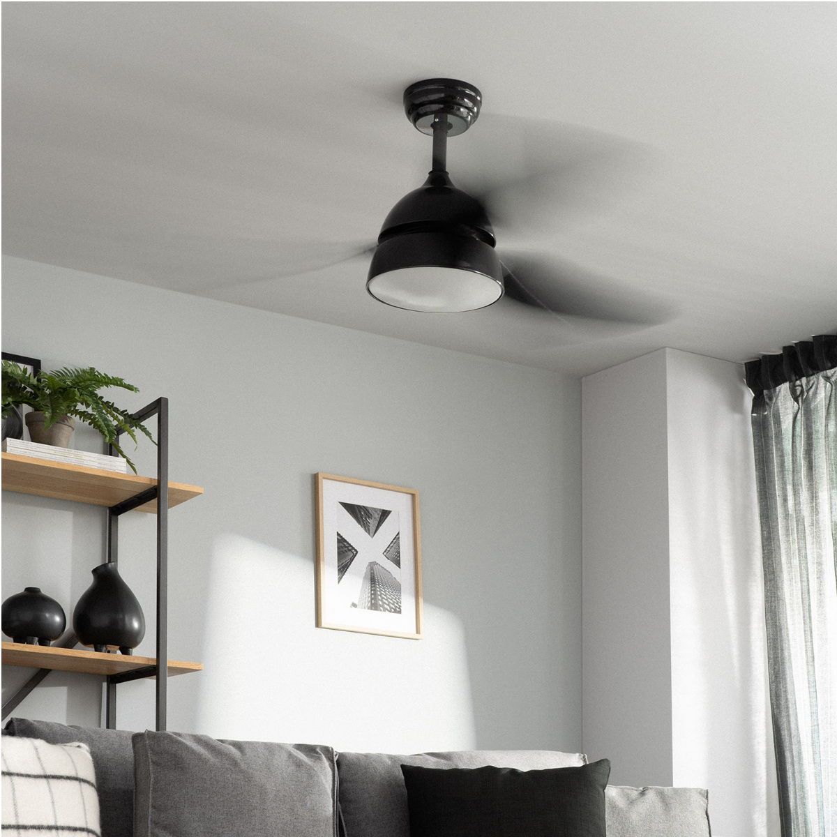 Ventilatore da soffitto nero con luce in una stanza. Ci sono mensole, quadri e una parete grigia.