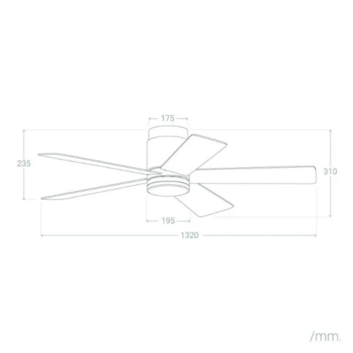 Schema di un ventilatore da soffitto con dimensioni in millimetri: 1320x310x235.