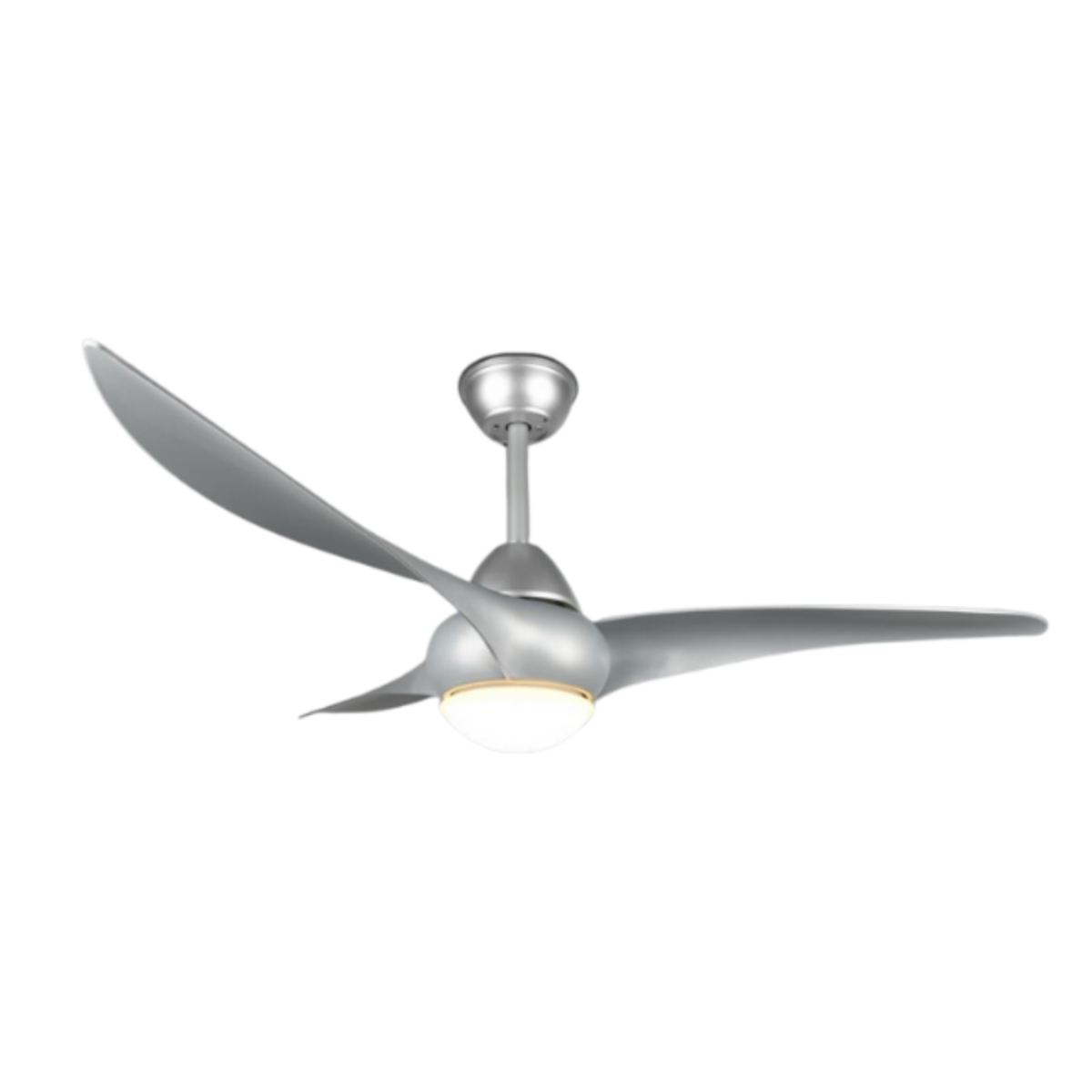 Un ventilatore da soffitto bianco con due pale e una mano che tiene un telecomando.