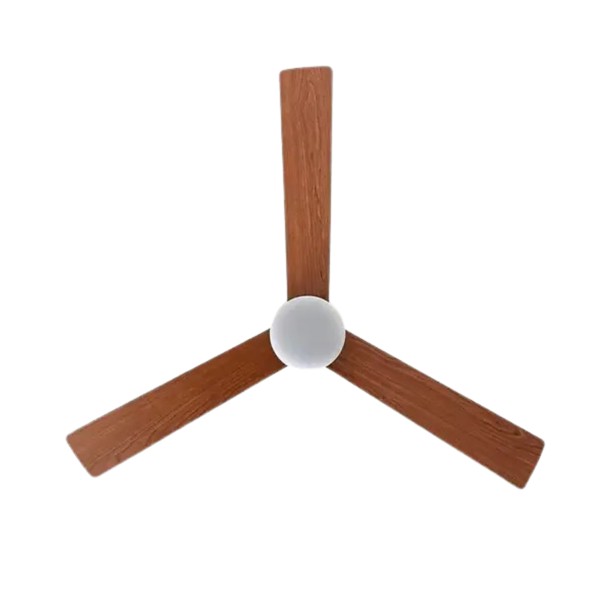 Ventilatore da soffitto con tre pale marroni e centro bianco. Pale visibili.