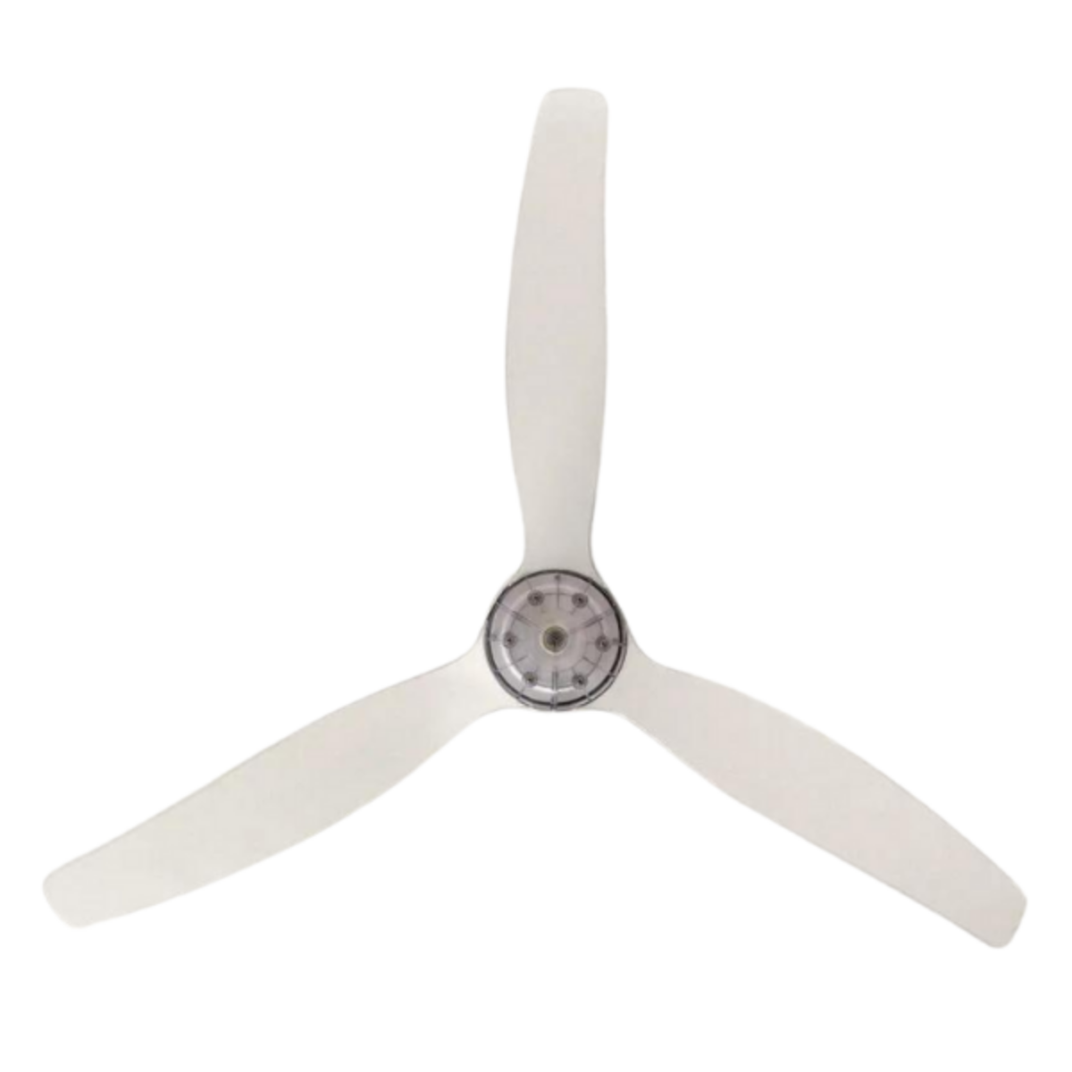 Ventilatore da soffitto con tre pale trasparenti e alloggiamento motore centrale.