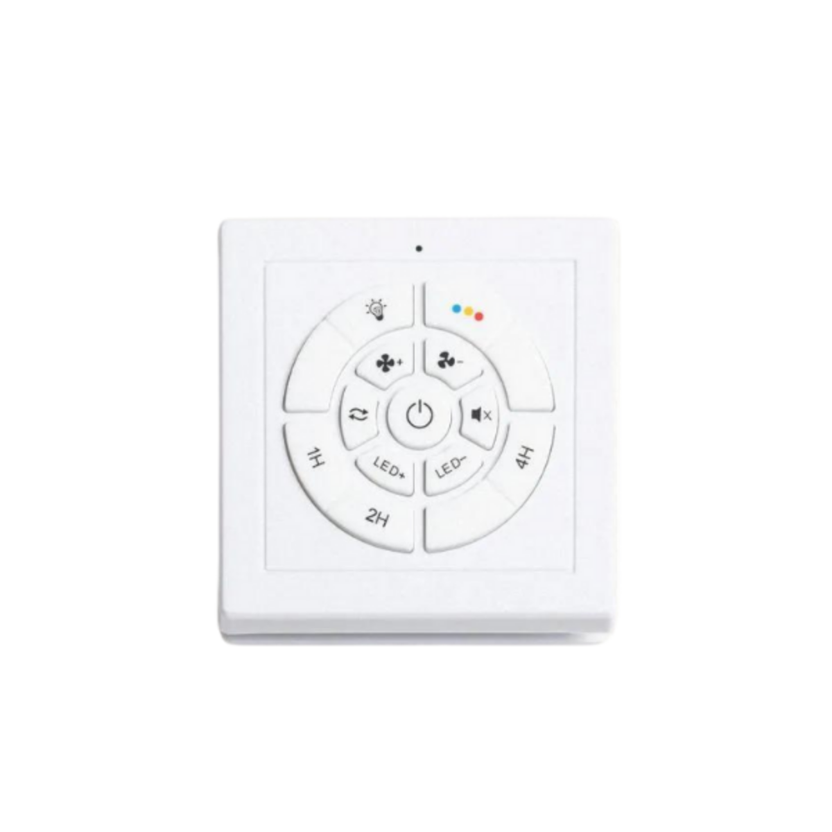 Telecomando quadrato bianco con pulsanti per le funzioni ventola e luce.
