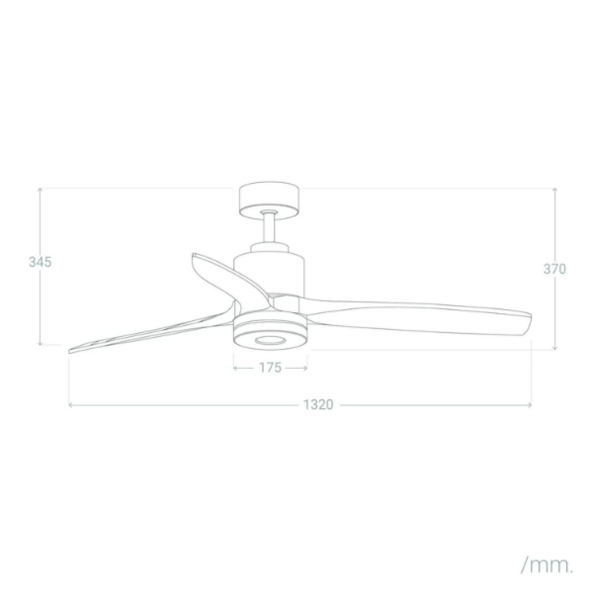 Disegno tecnico di un ventilatore da soffitto con dimensioni e sfondo bianco.