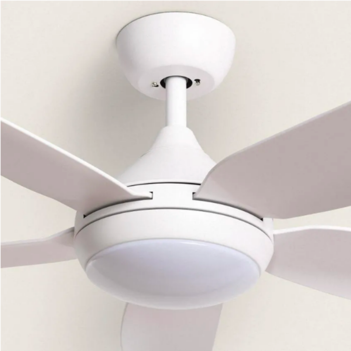Ventilatore da soffitto bianco con quattro pale e un'apparecchio di illuminazione. Contro un soffitto bianco.