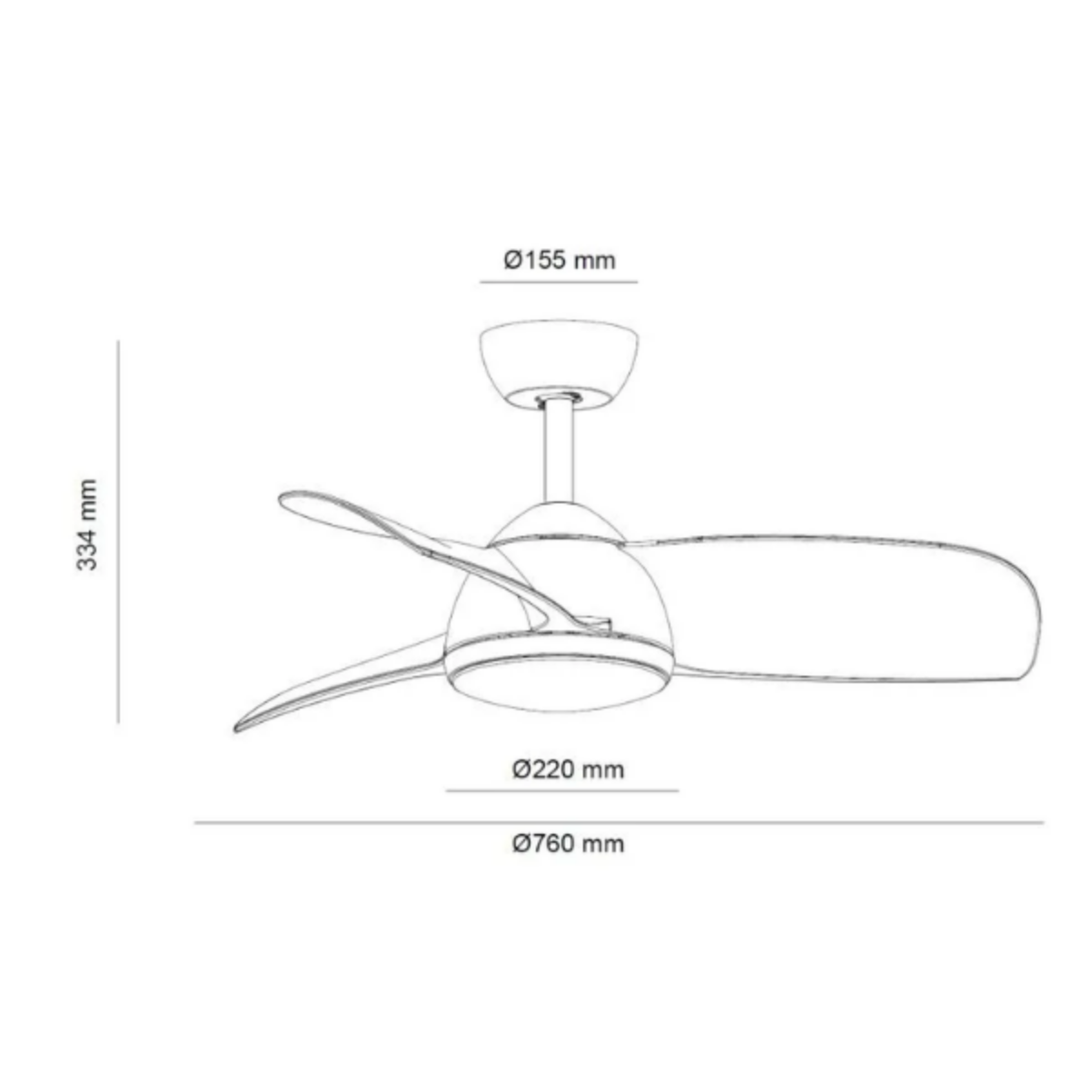 Diagramma di un ventilatore da soffitto con dimensioni in mm: diametro 760, altezza 334.